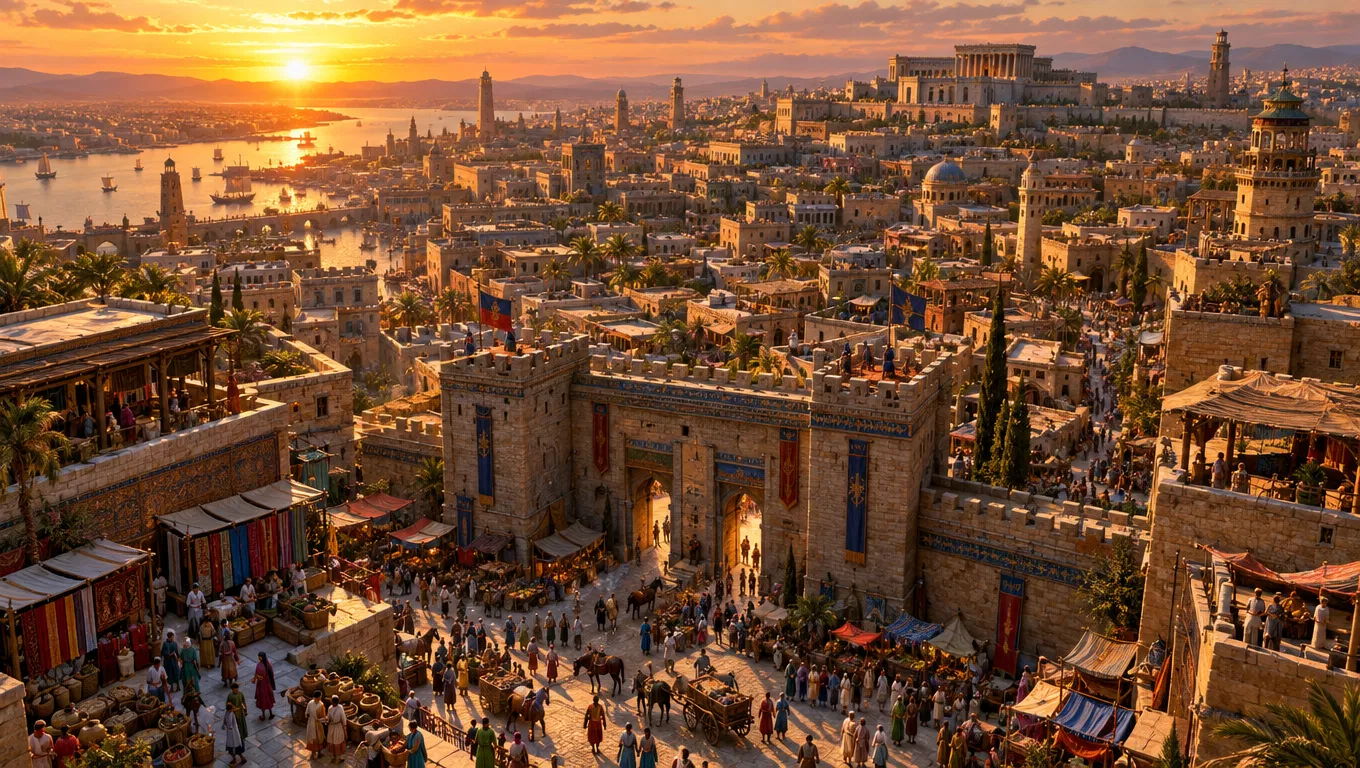 Busy City Gate at Sunset