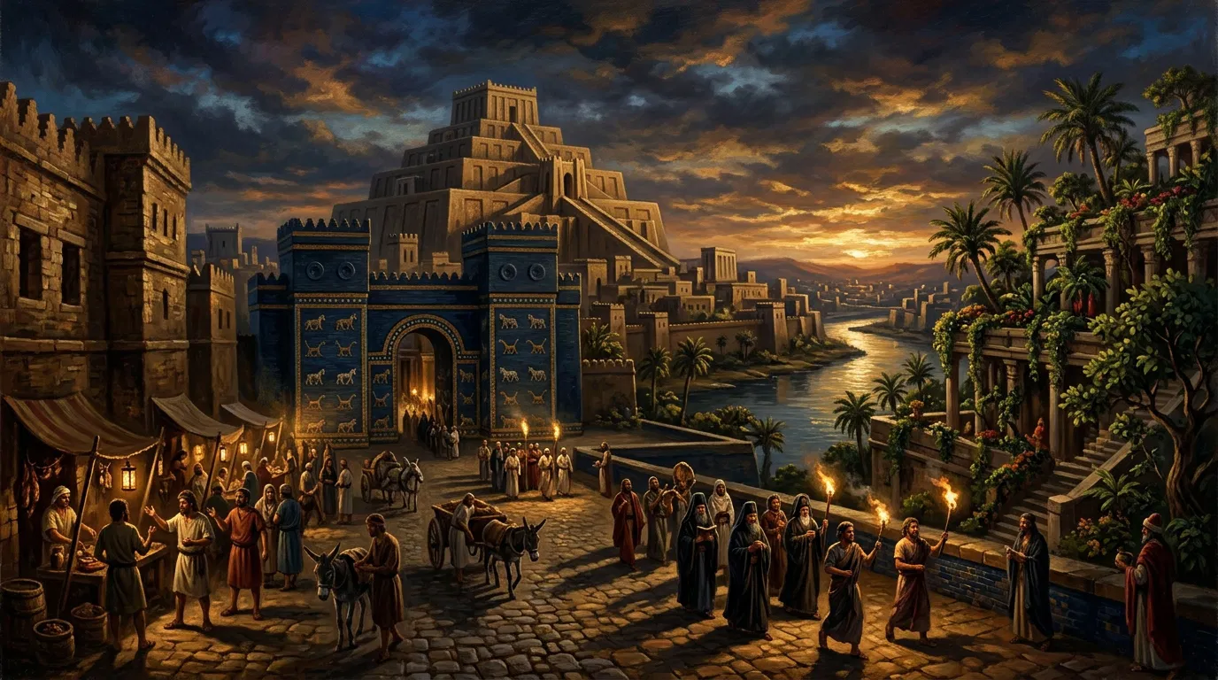 Babylon's Blue Gate and Hanging Gardens at Dusk