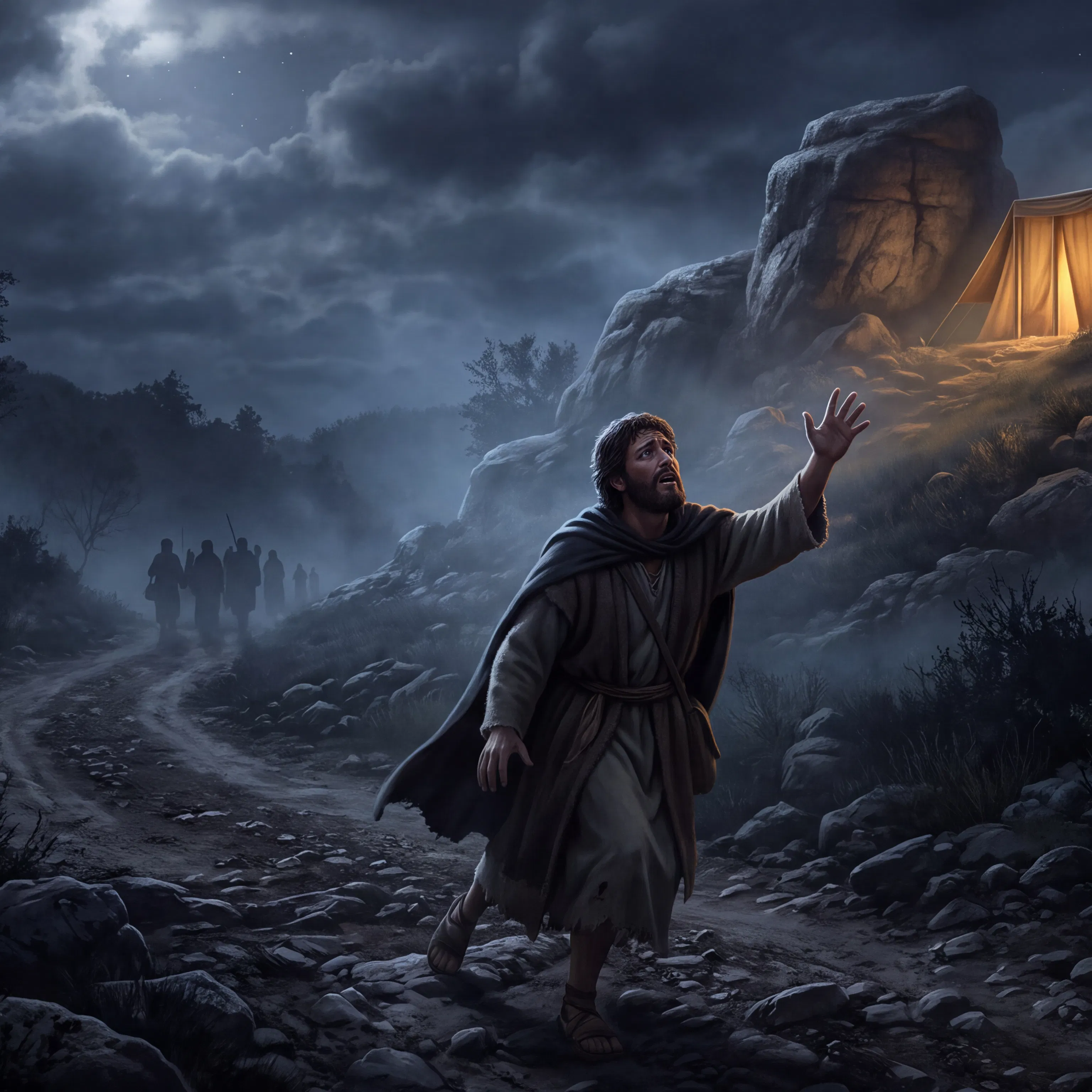 Traveler Reaches Toward a Lit Tent at Night