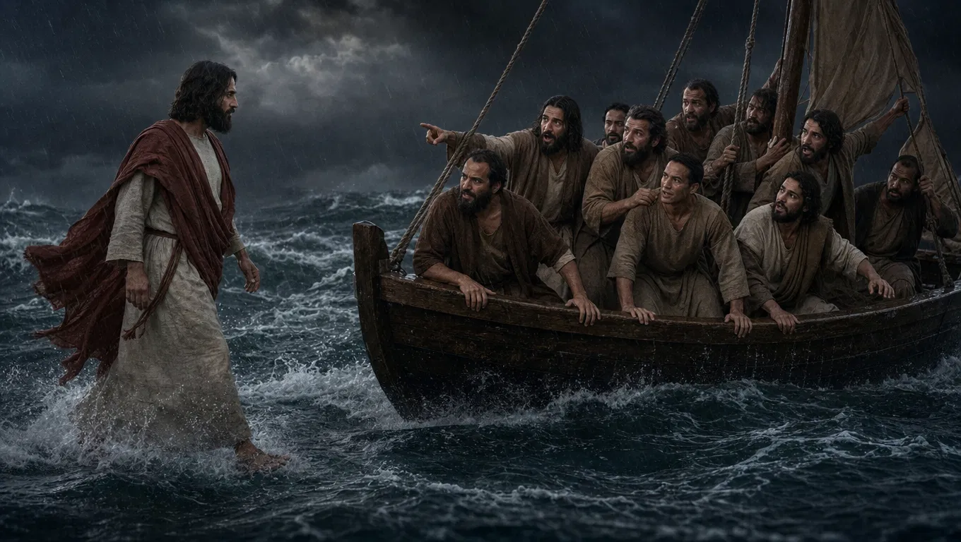 Jesus Walks on the Stormy Sea Beside the Boat