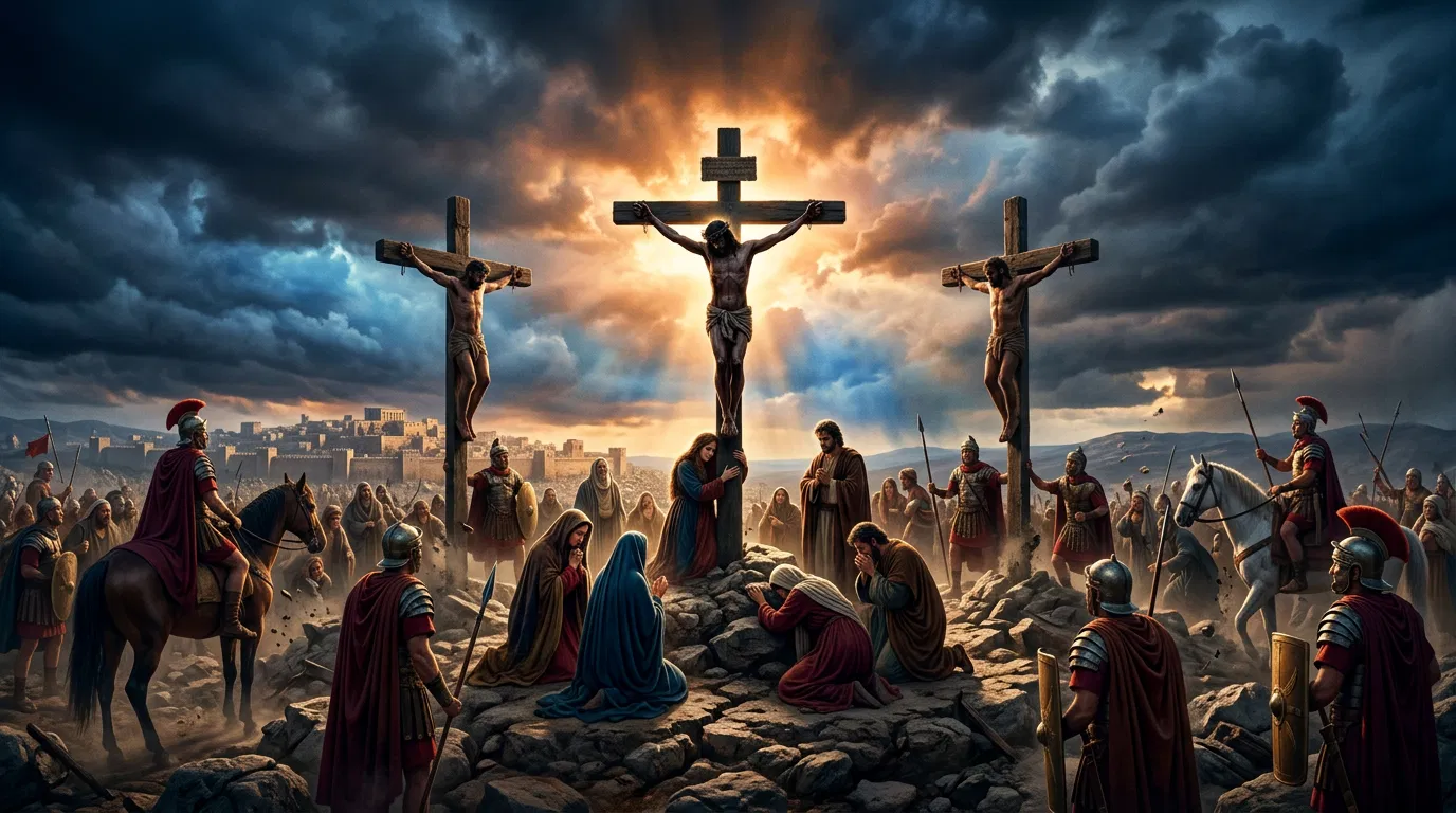 Three Crosses on Calvary Under Storm Clouds