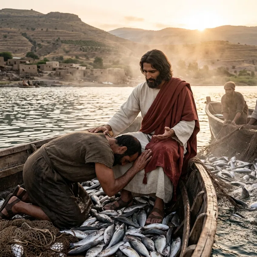 Peter Kneels Before Jesus Among the Fish