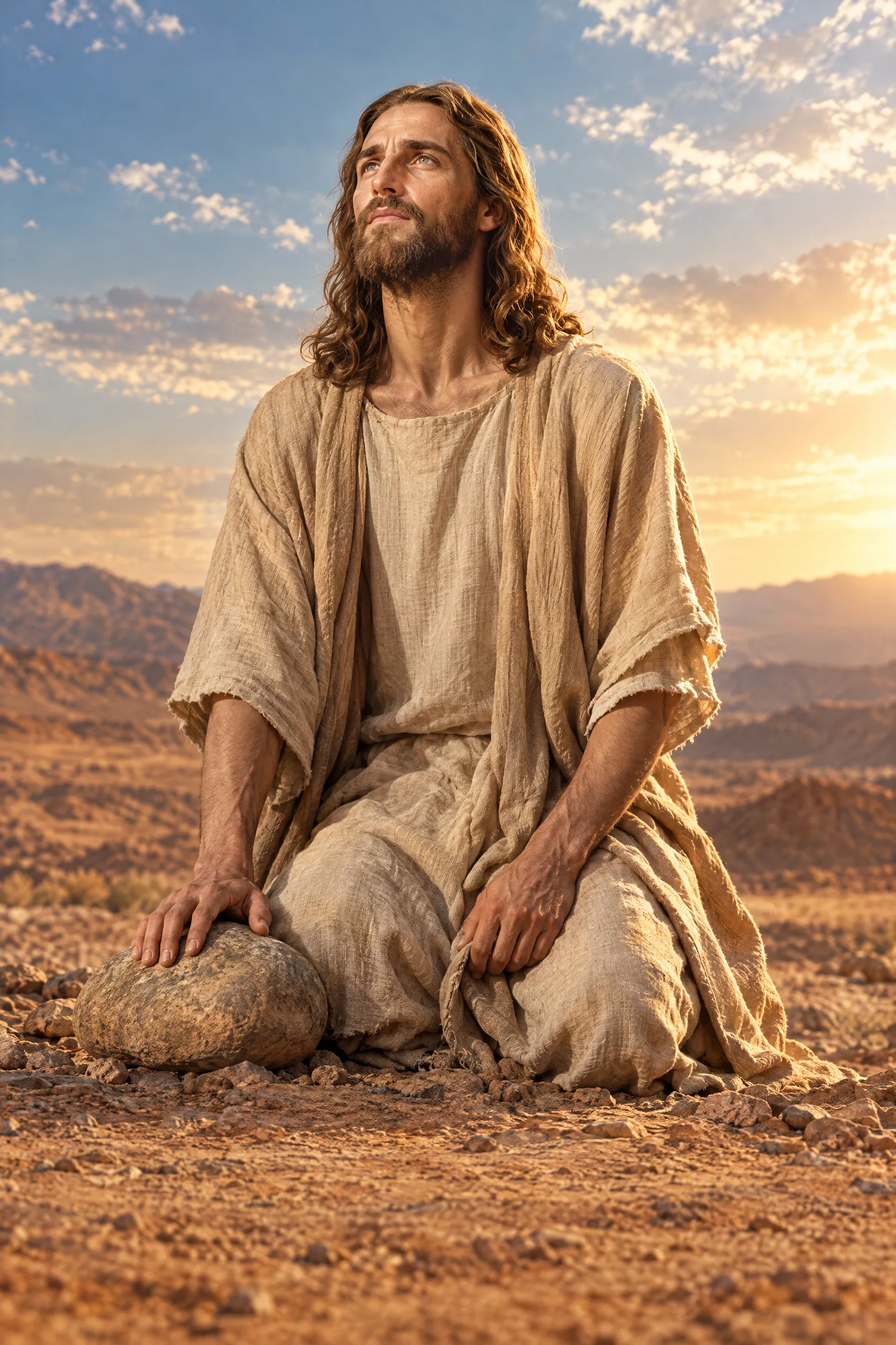 Jesus Fasting in the Wilderness Beside a Stone