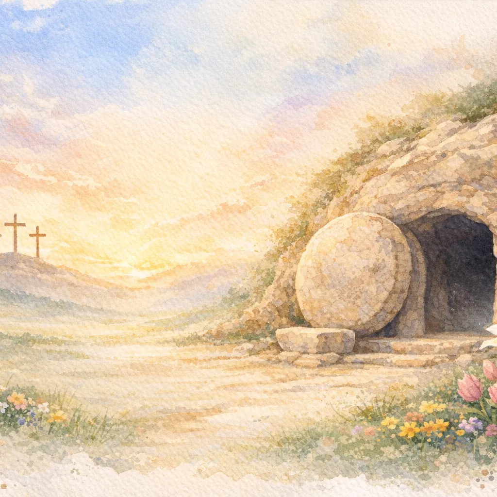 Empty Tomb with Three Crosses on the Hill
