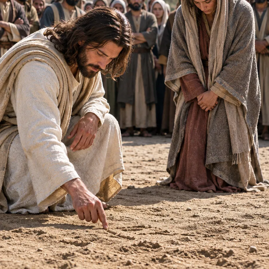 Jesus Writes in the Sand Before the Woman
