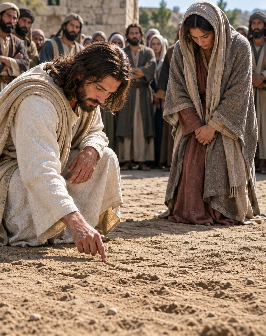 Woman caught in adultery John 8:8 Mercy Written in the Sands