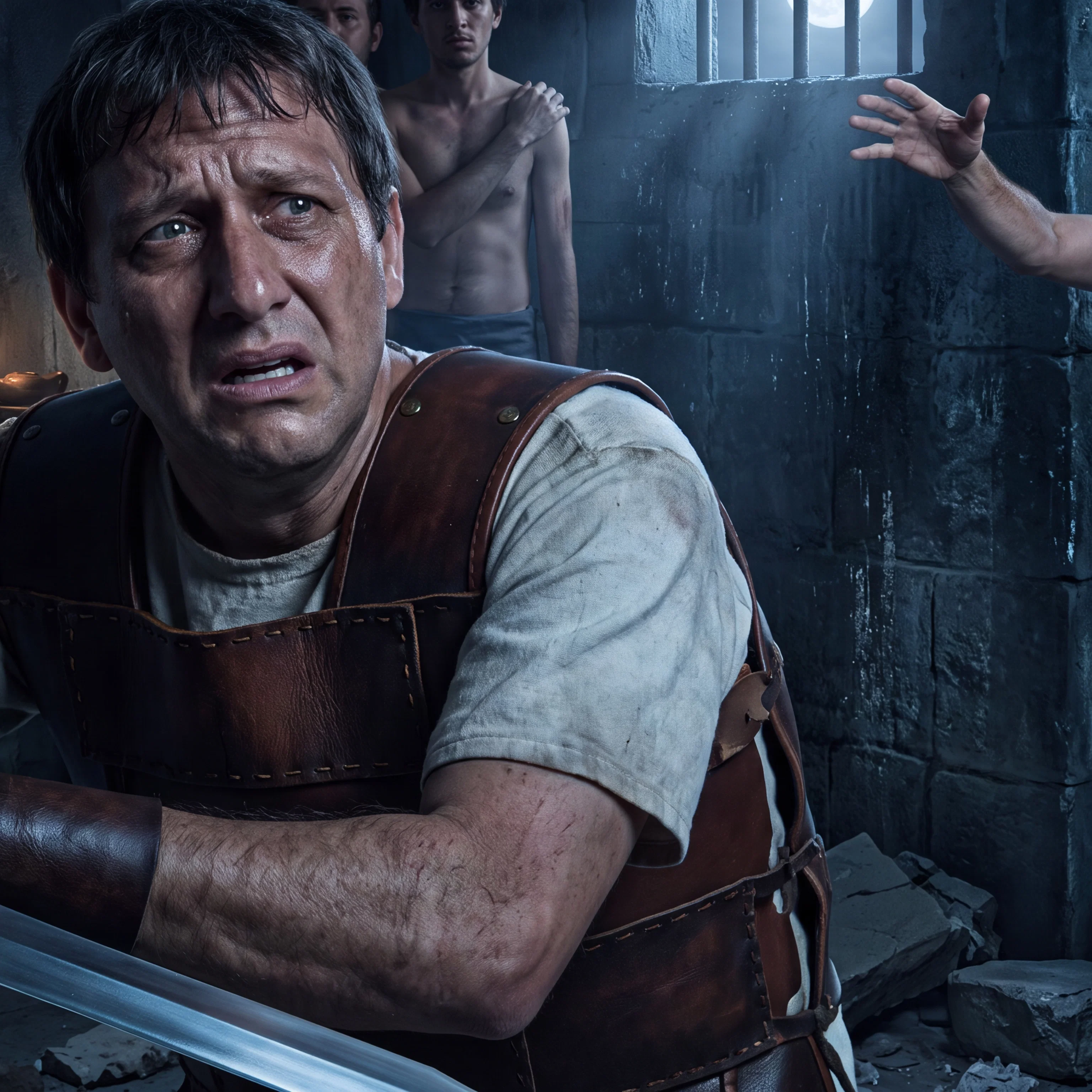 Phillippian jailer about to take his own life as he sees the prison opened during an earthquake