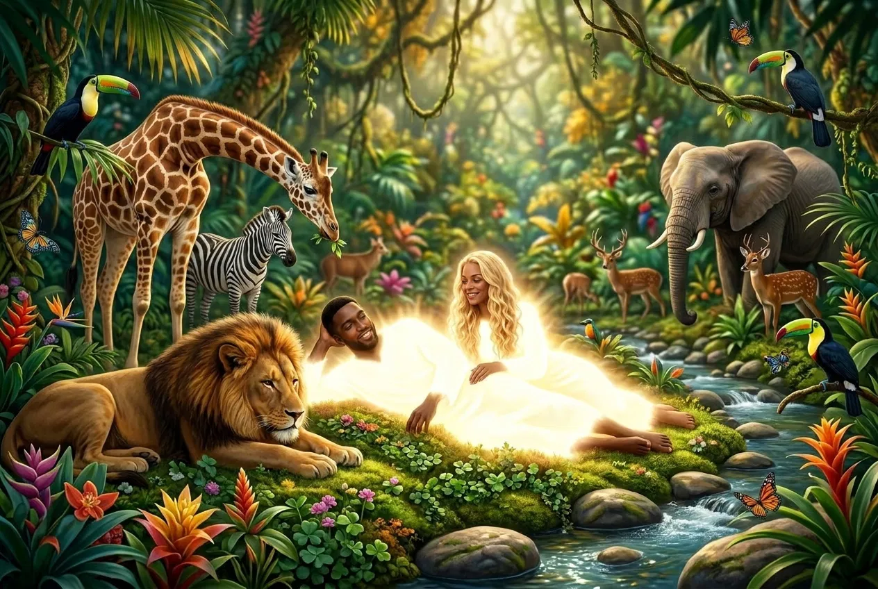 Adam and Eve Resting Beside a Lion