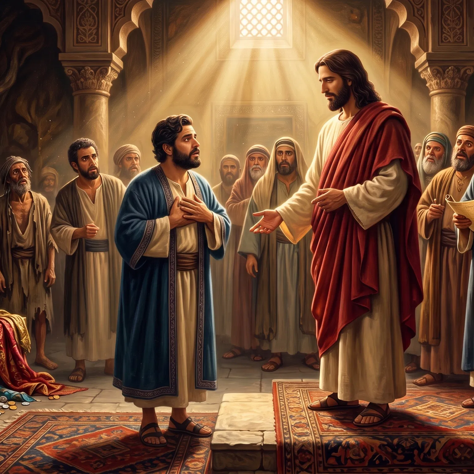 Zacchaeus Stands Before Jesus With Open Treasure Chest
