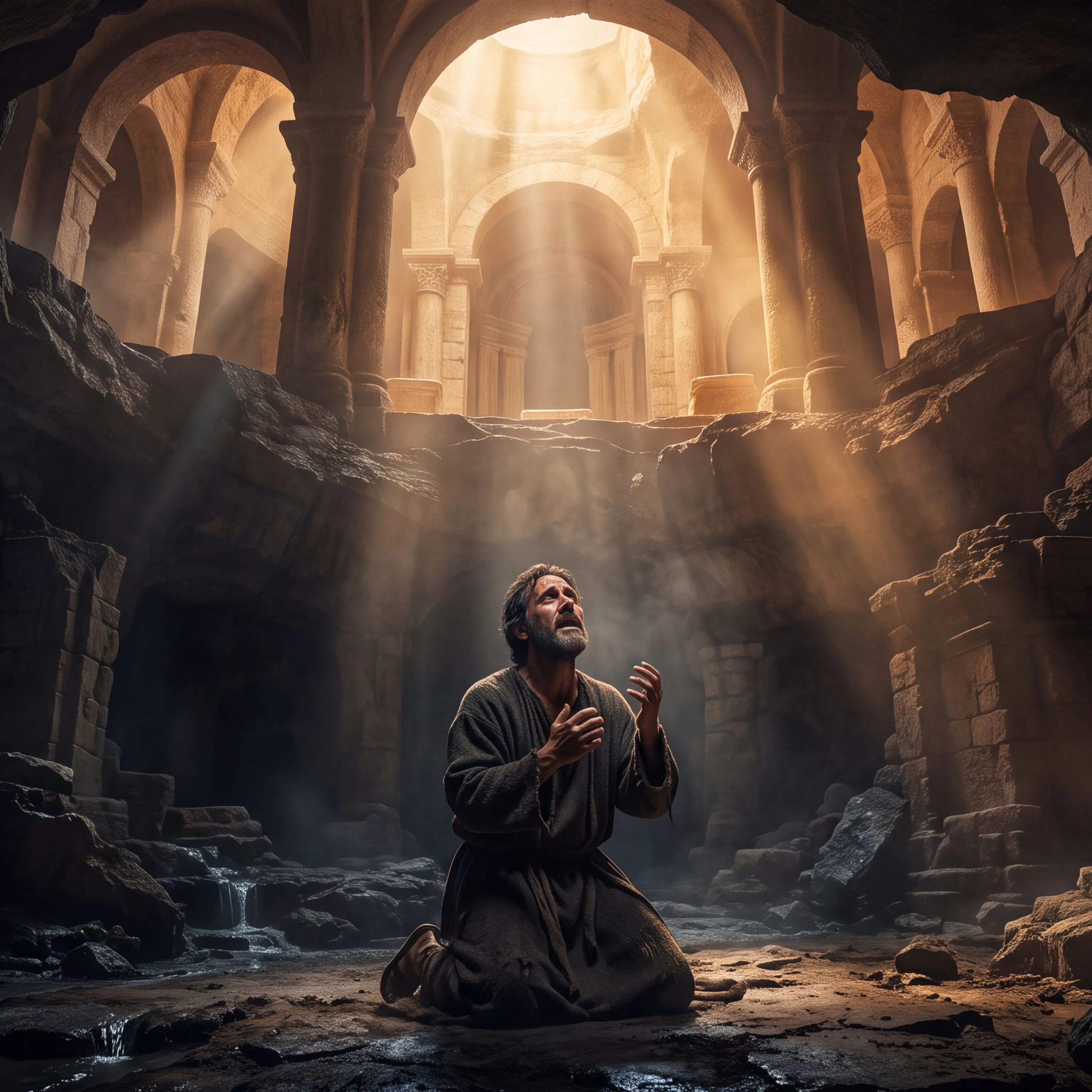 Kneeling Man Prays in a Cave Beneath Ancient Ruins