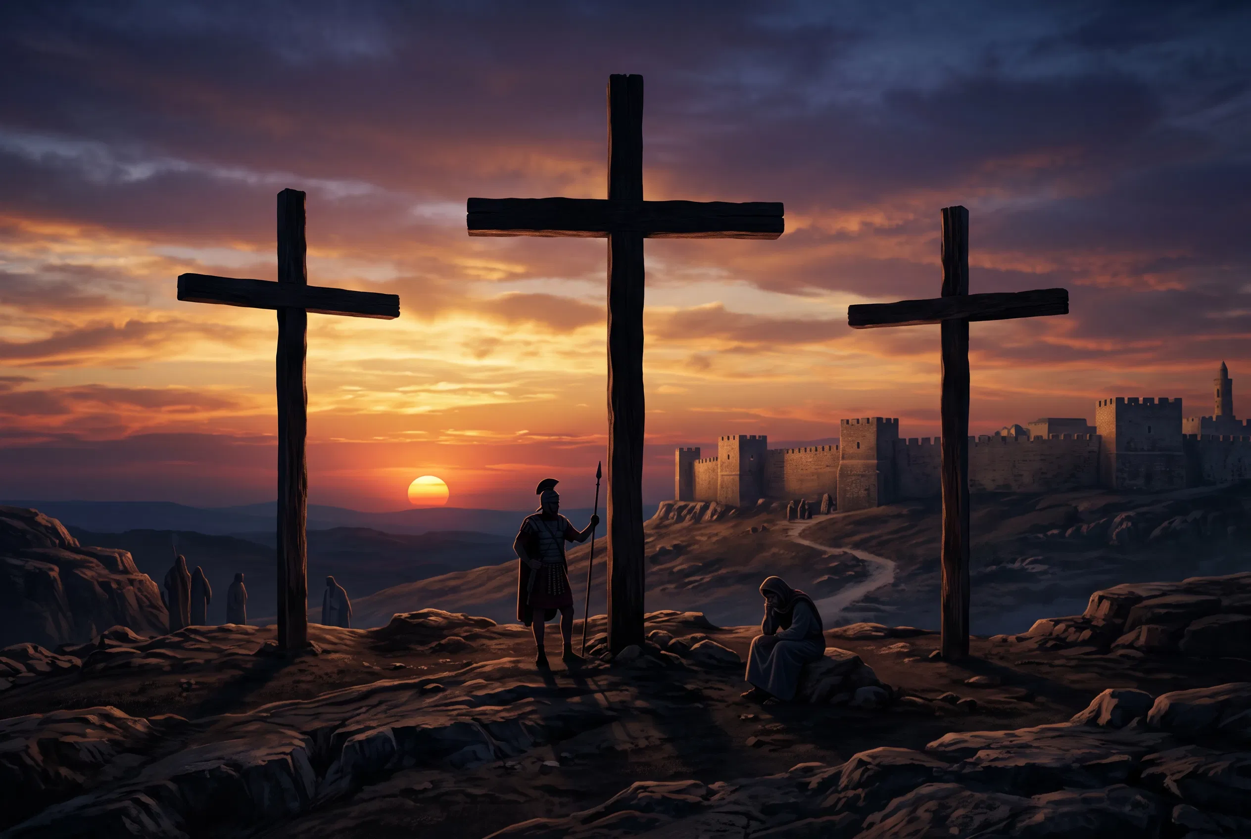 Three Crosses on the Hill at Sunset