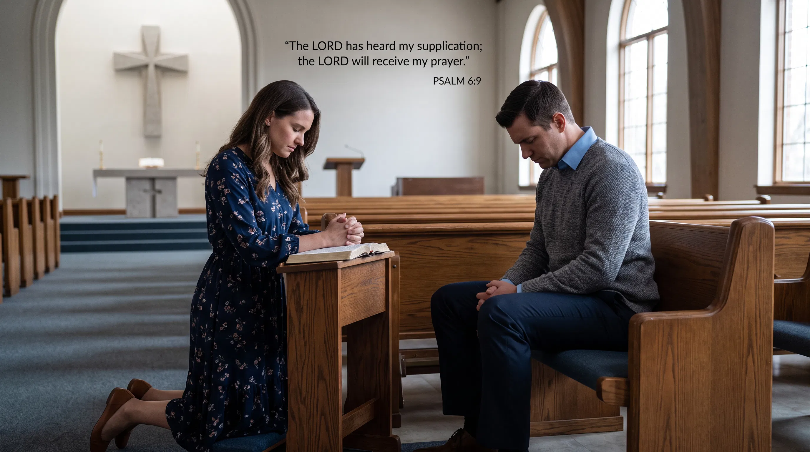 Couple Praying in a Church Sanctuary