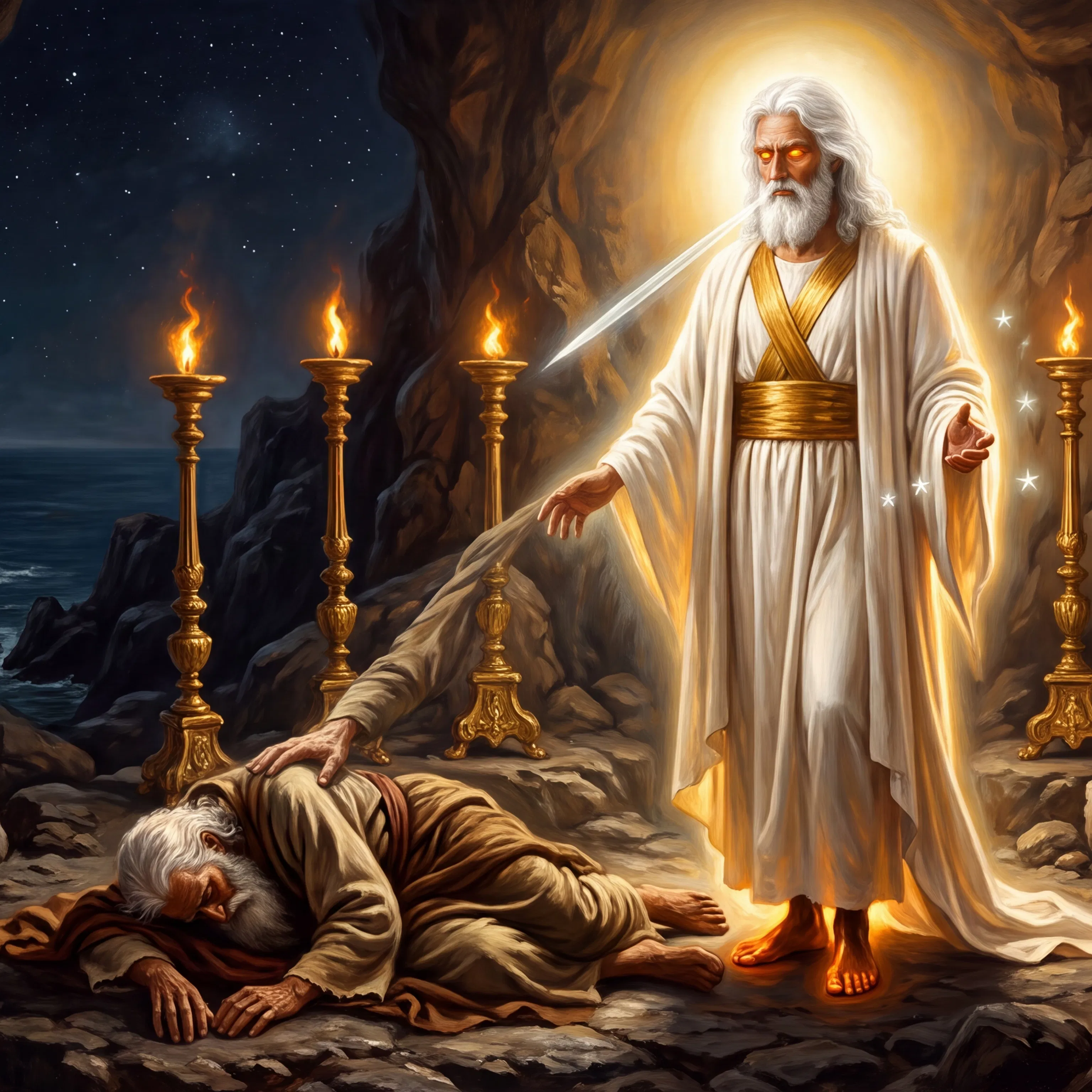 Christ Among Seven Golden Lampstands Touches John on Patmos