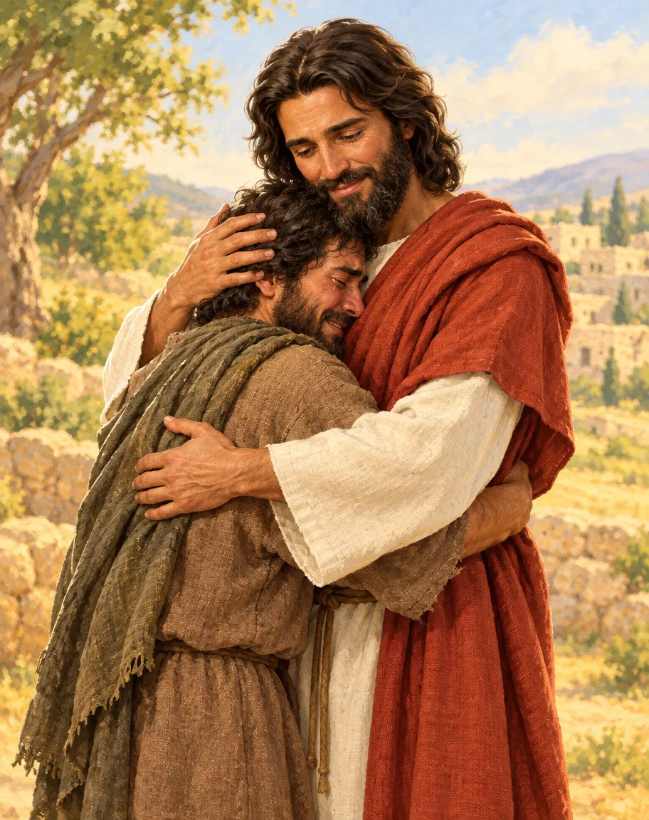 Jesus Embraces a Weeping Man