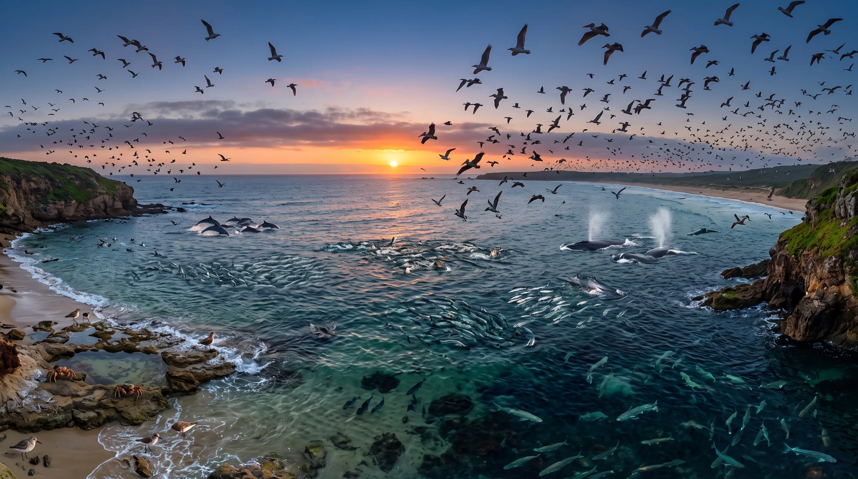 Birds and Whales at Sunset Over a Bay