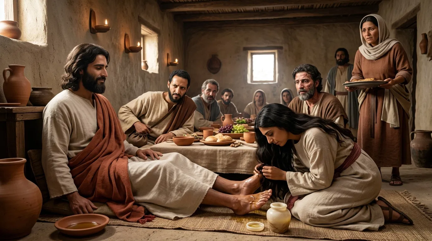 A Woman Anoints Jesus' Feet at a Feast