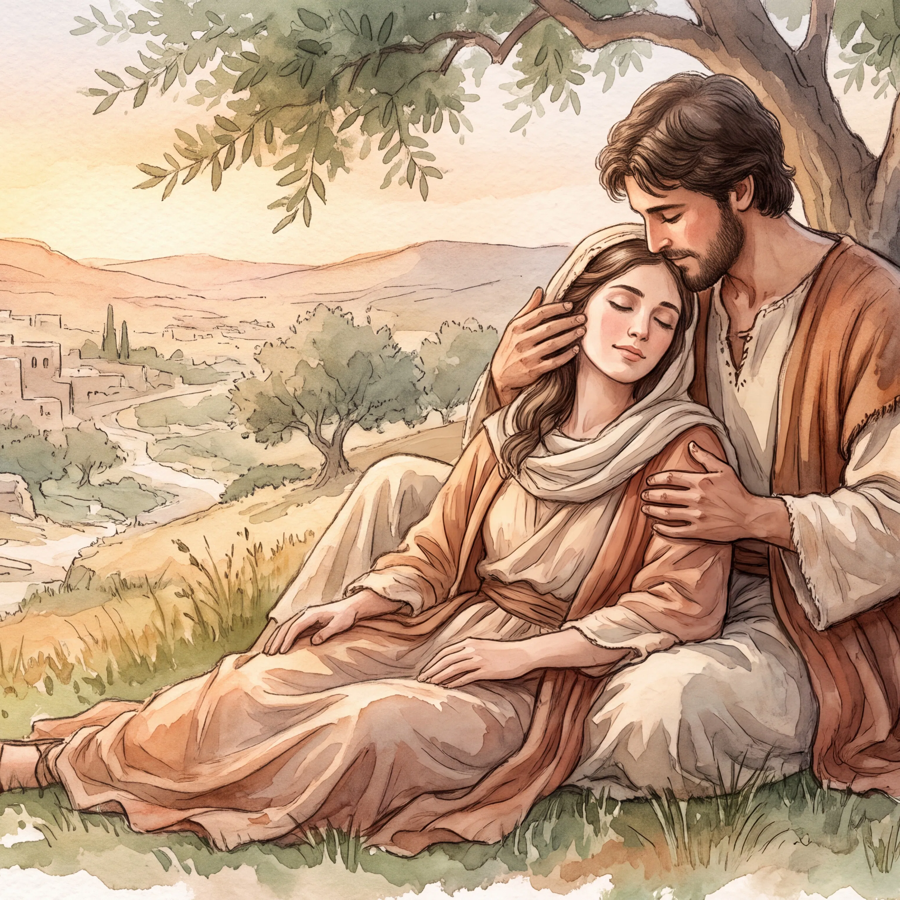 Lover Embraces His Beloved Under an Olive Tree