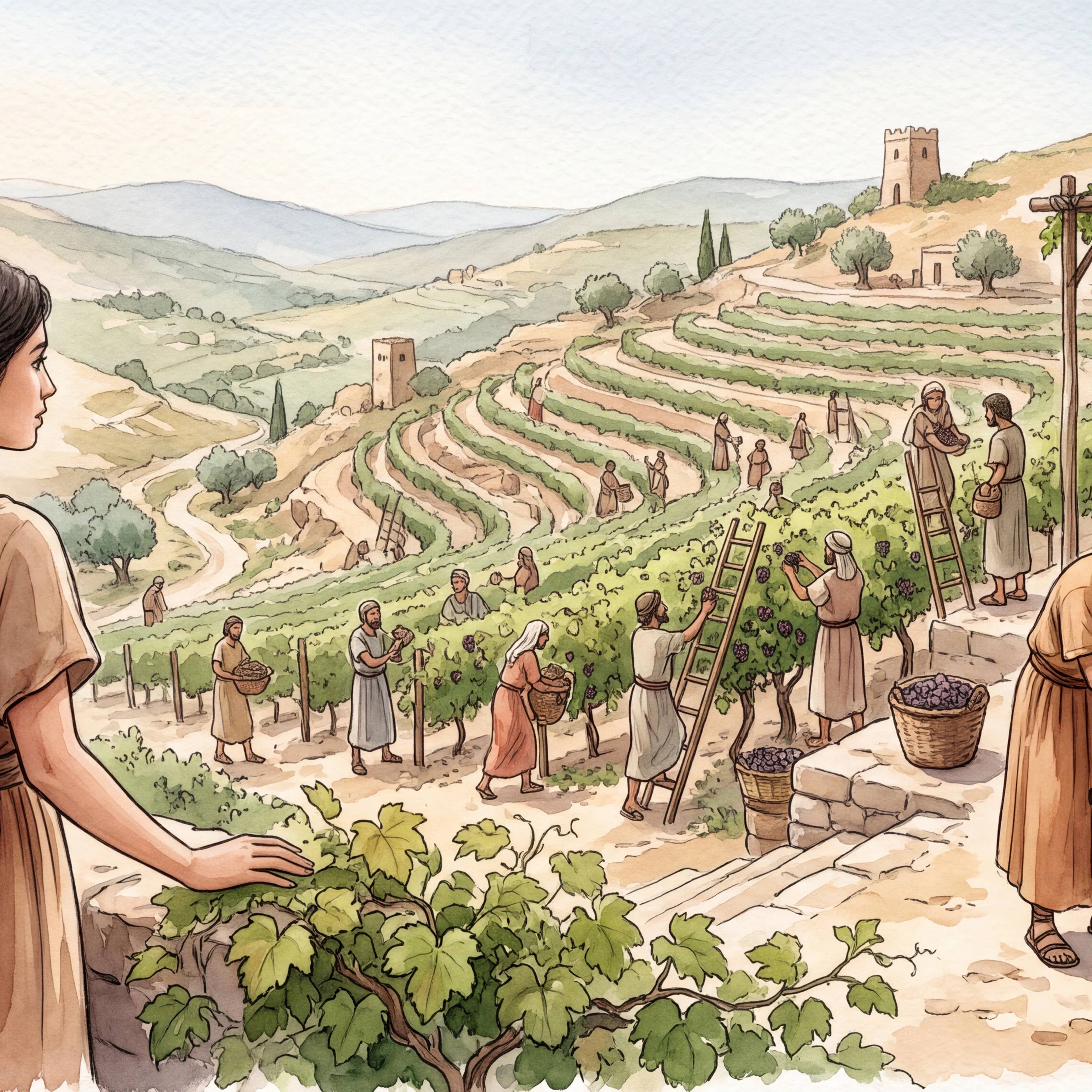 Woman Overlooking Vineyard Harvest and Silver Counting