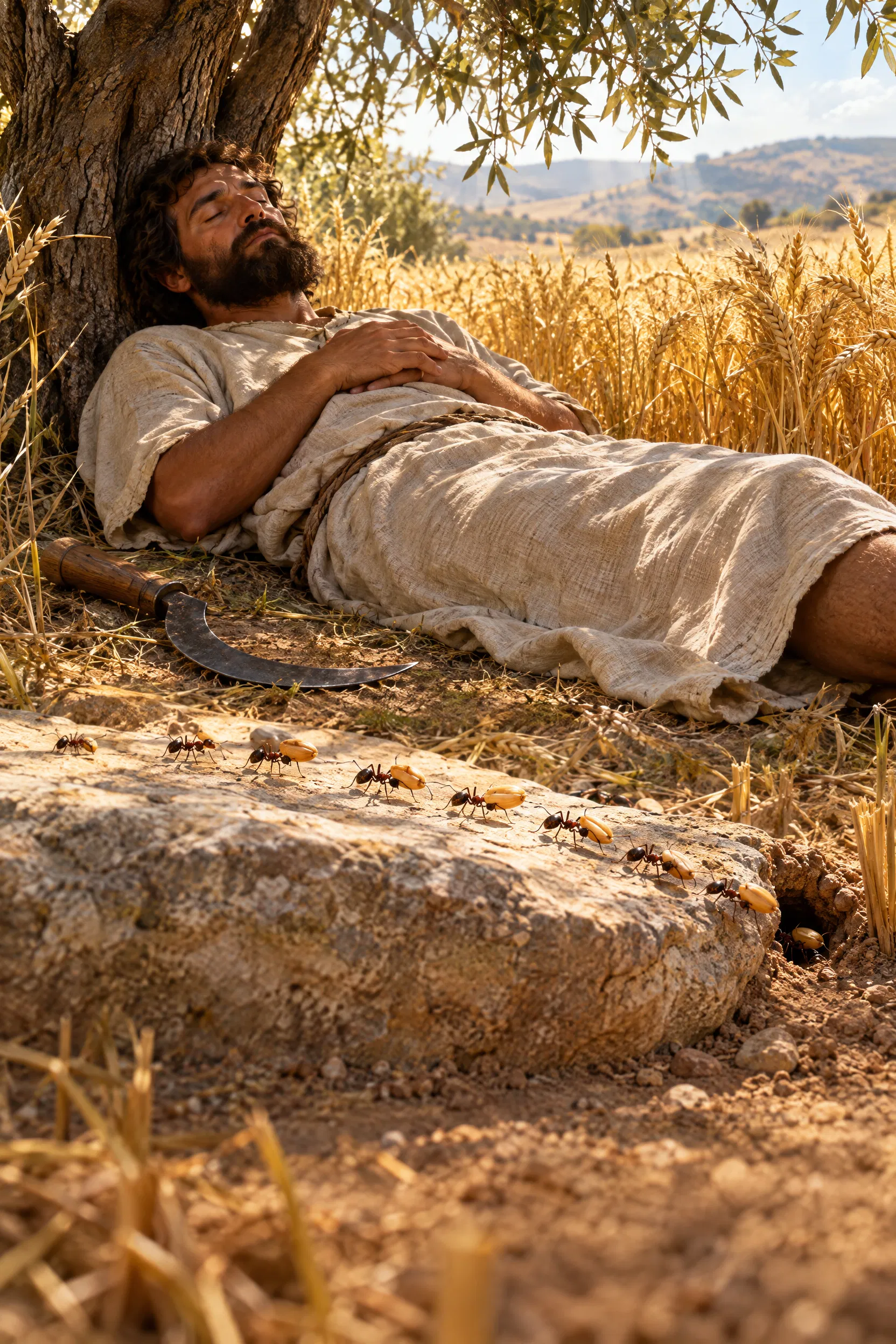 Sleeping Sluggard Beside Ants Carrying Grain