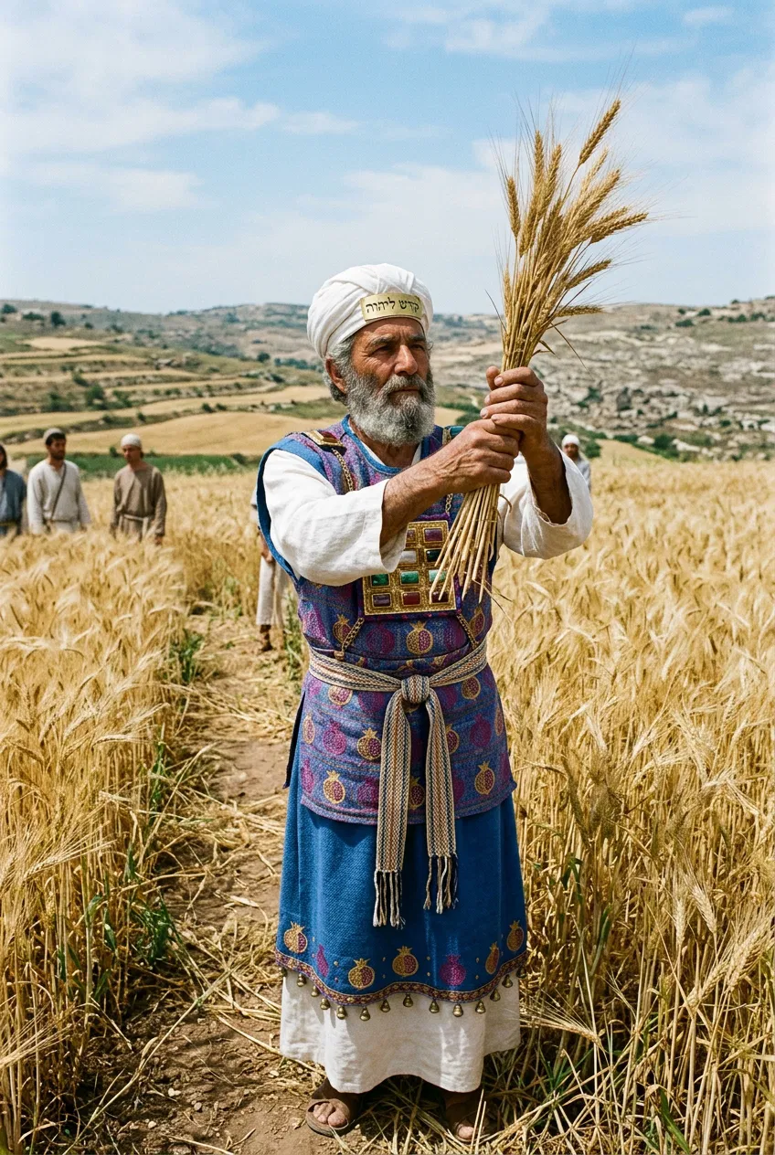 The Priest Lifts the Wave Sheaf in a Grain Field