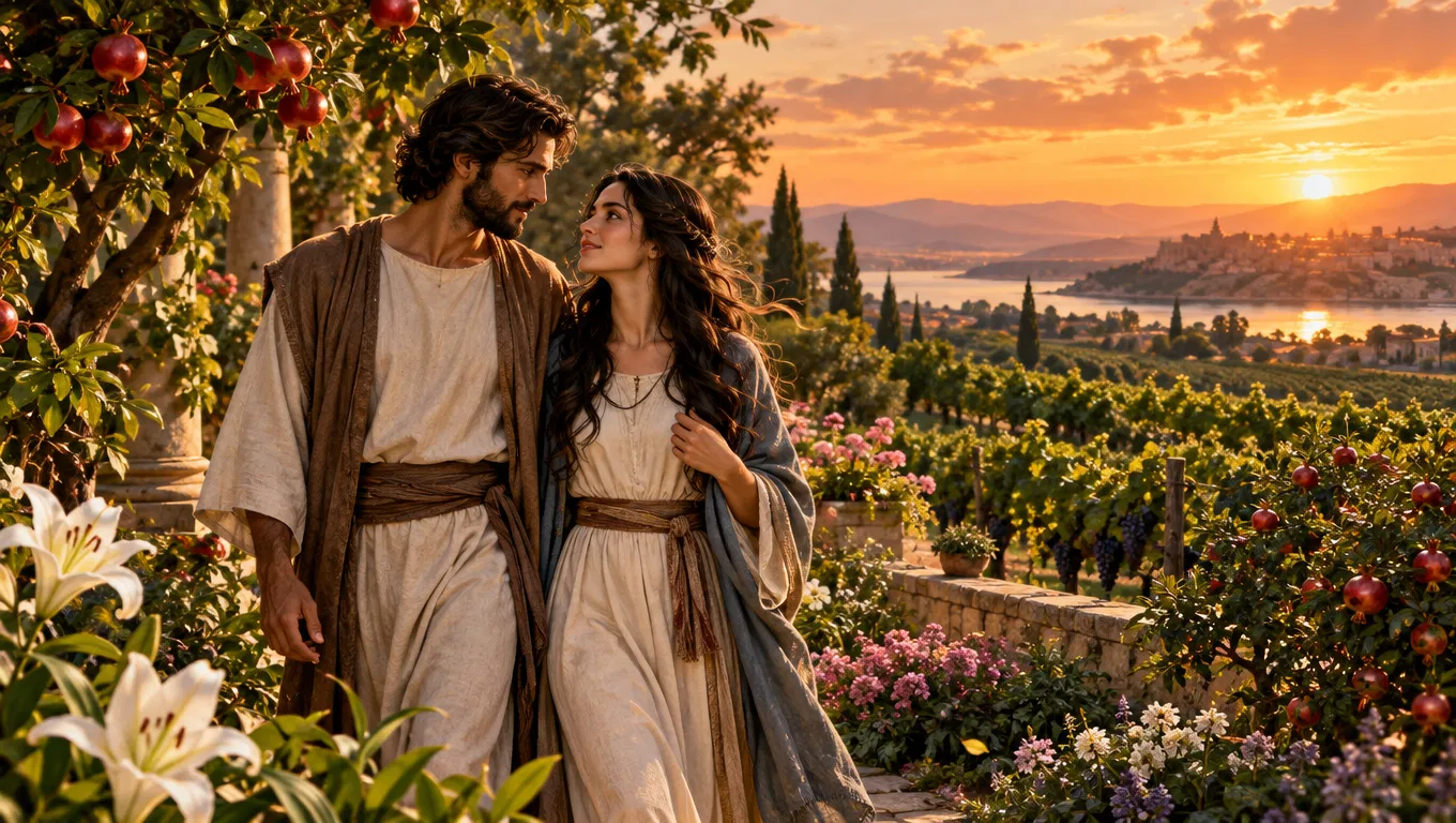 A Couple Walk Through a Garden and Vineyard