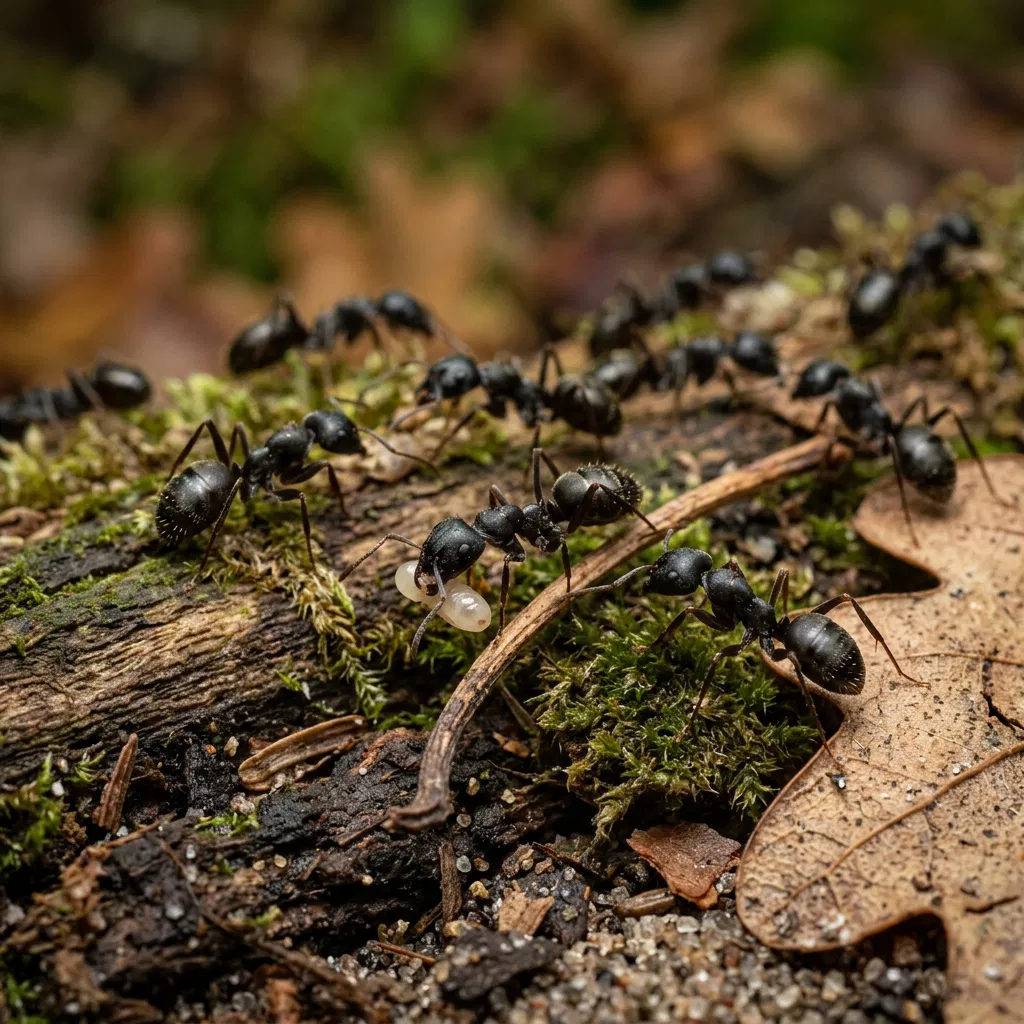 Ants Carrying Larvae Along a Log