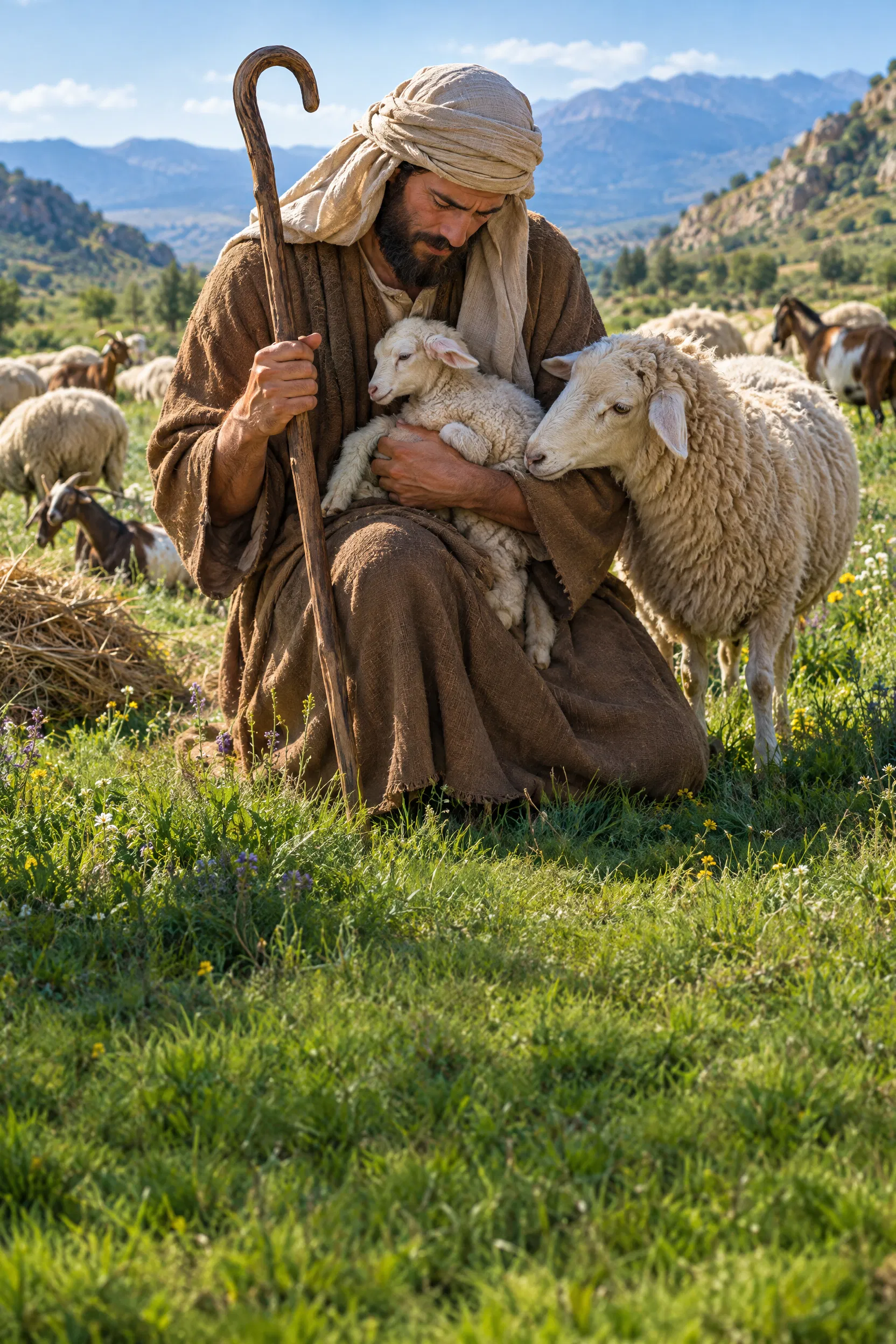 Shepherd Holds a Newborn Lamb Among His Flock