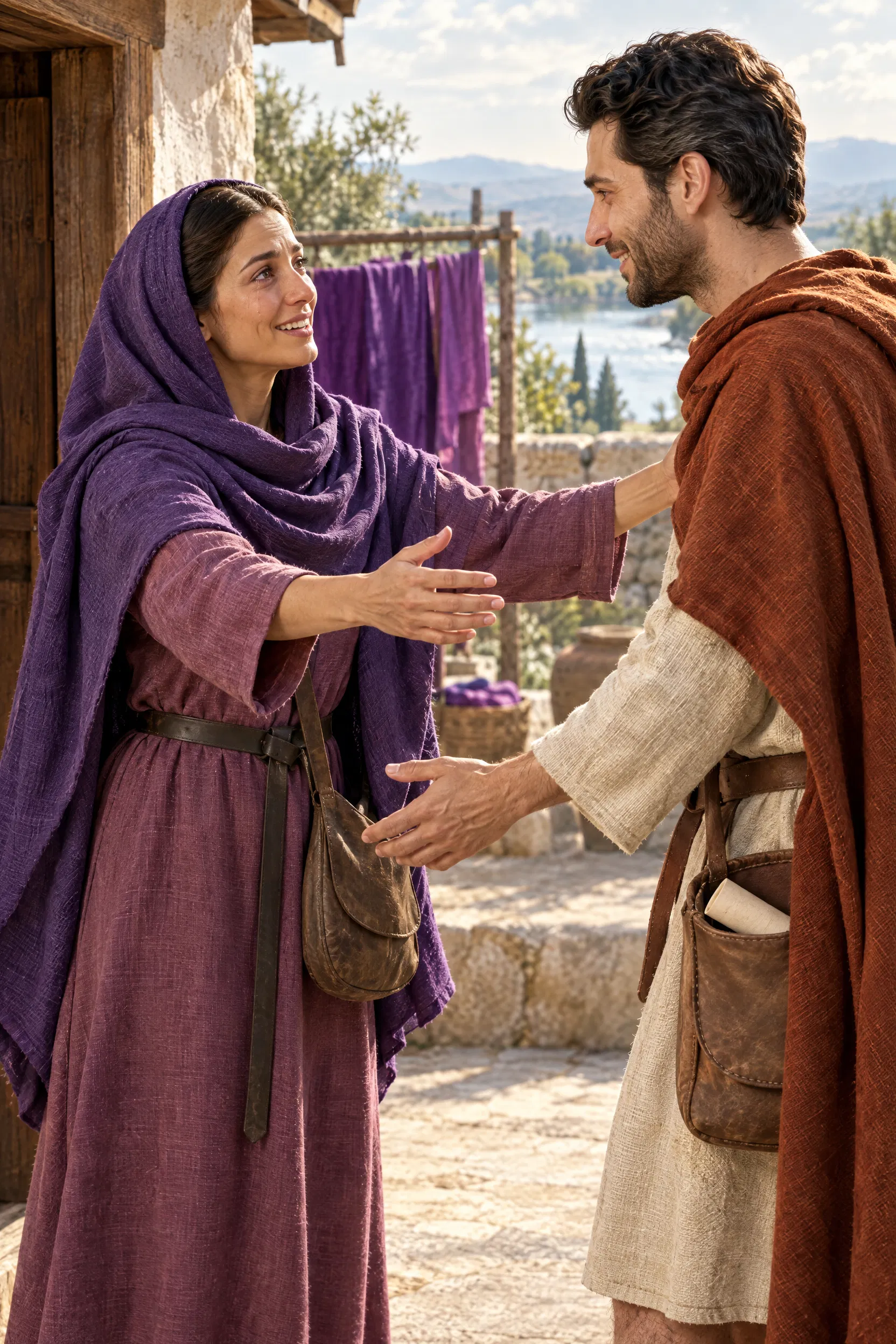 Lydia Welcomes Epaphroditus at Her Door in Philippi