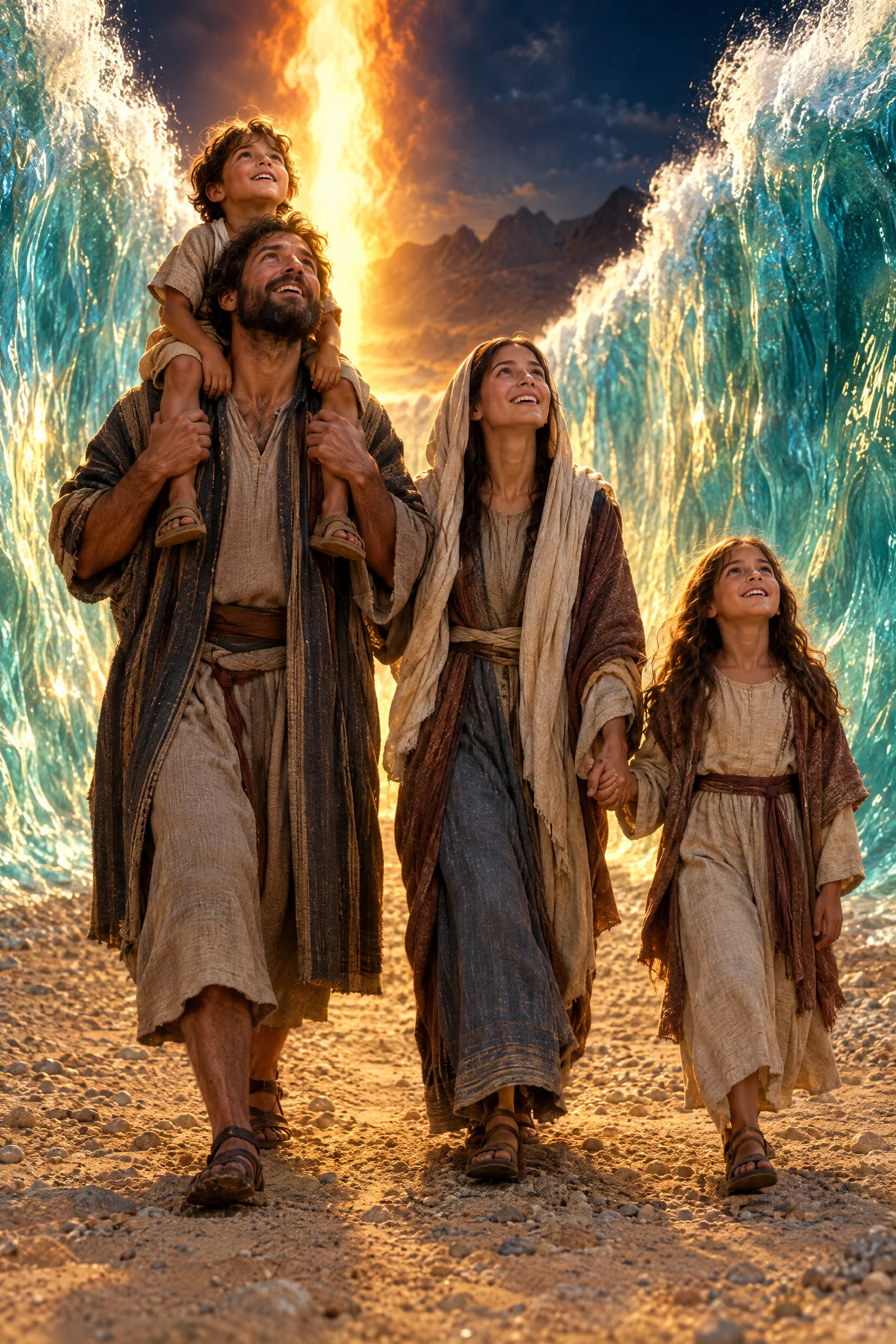A Family Walks Through the Parted Sea
