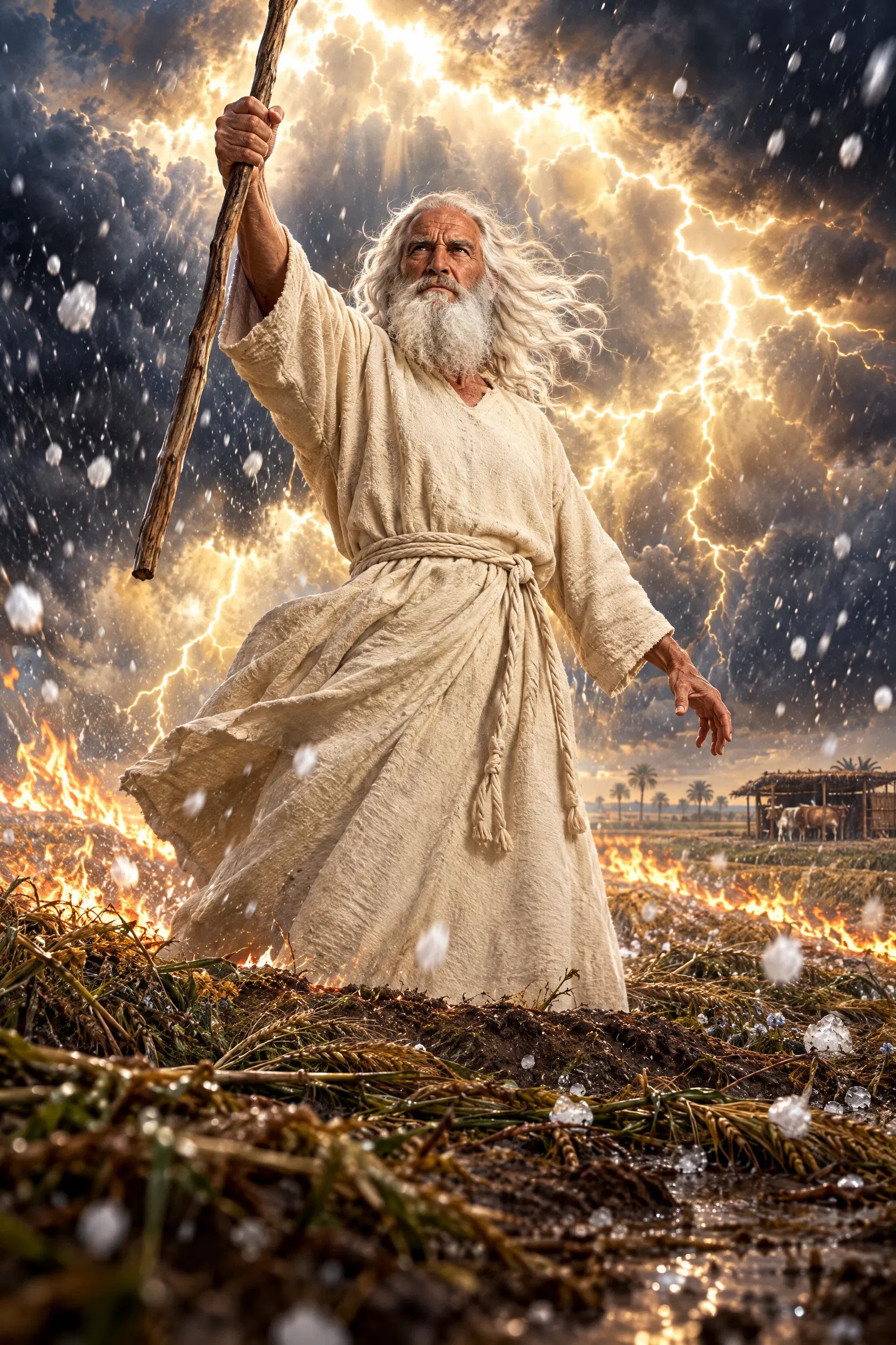 Moses Raises His Rod as Hail Falls on Egypt