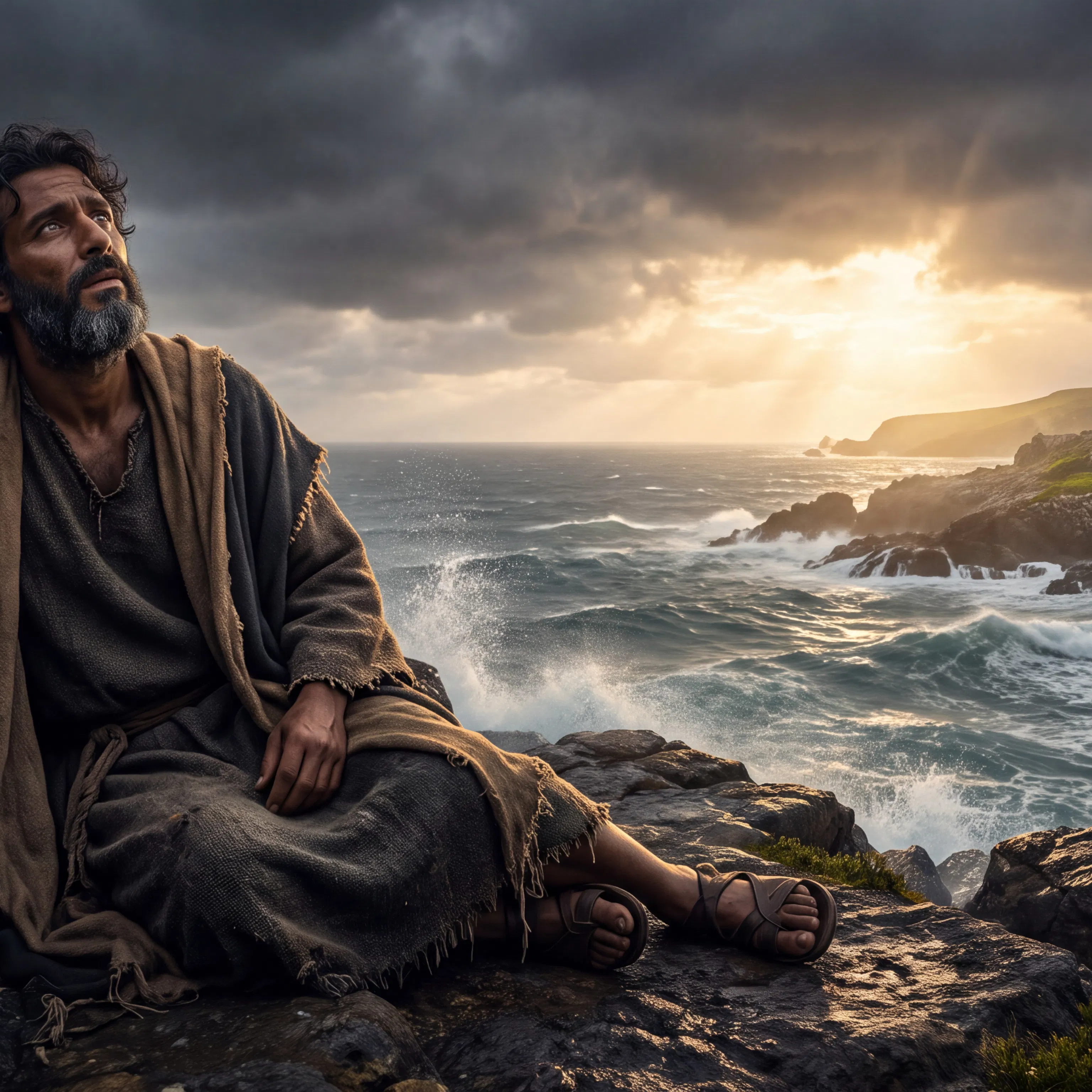 Weary Bearded Man Resting on Seaside Cliffs