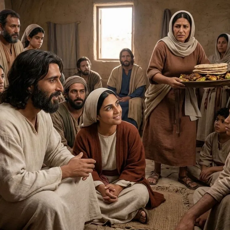 Mary Sits Listening to Jesus While Martha Serves