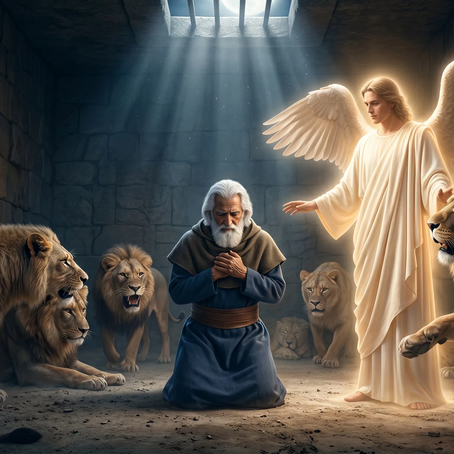 Daniel Praying in the Lions' Den With an Angel
