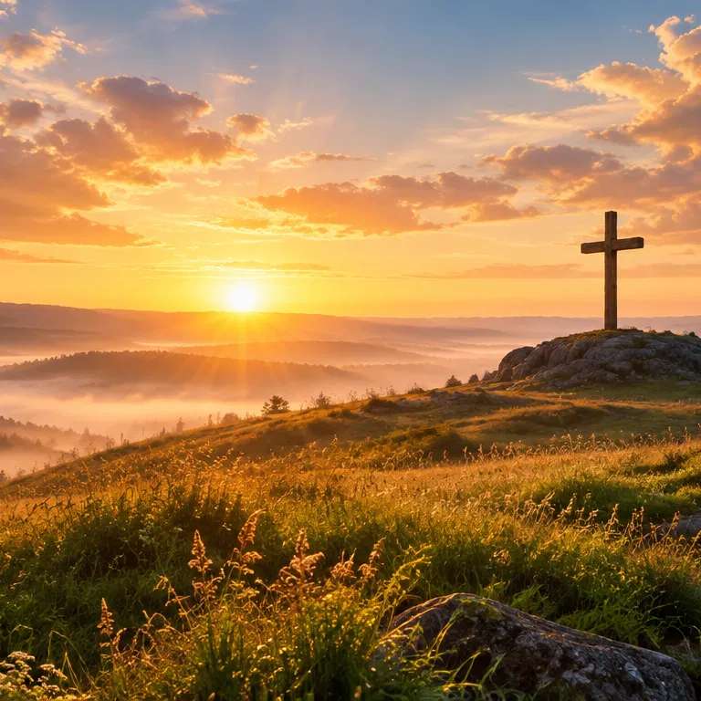 Cross on a Hilltop at Sunrise