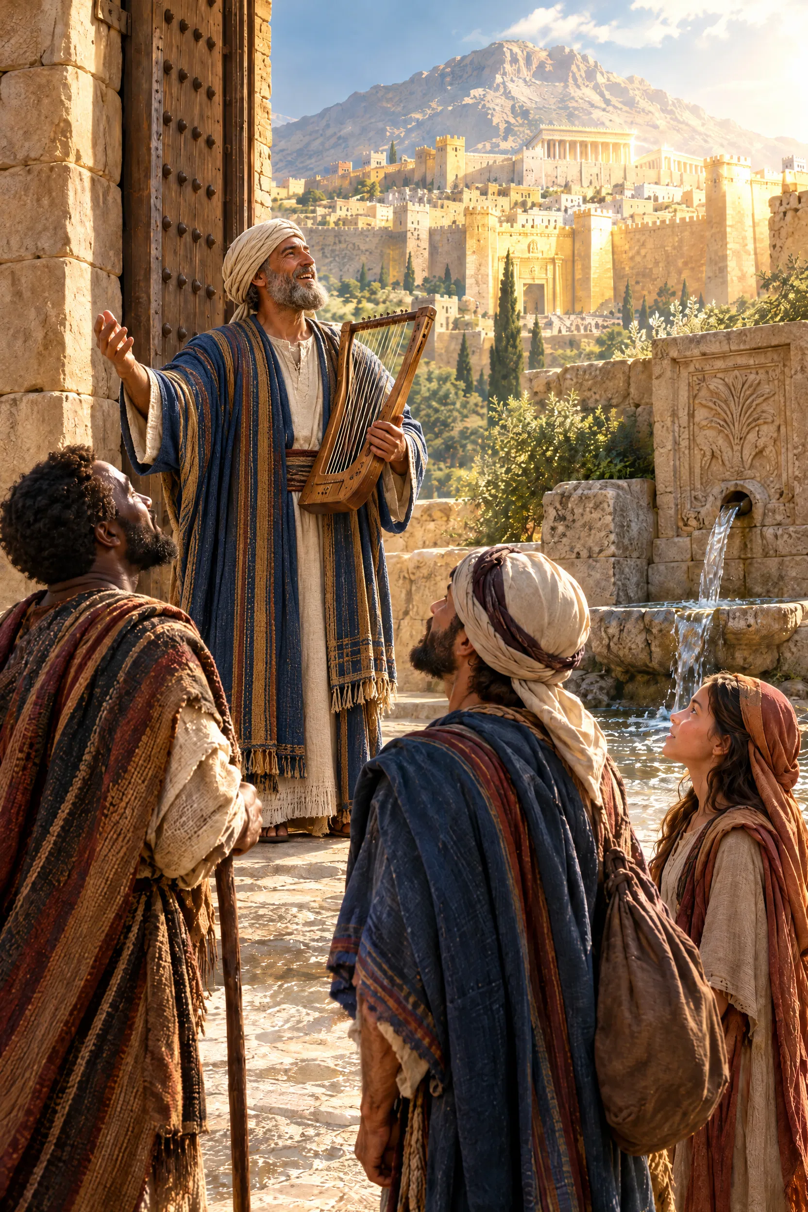 Levite Sings with a Harp at Jerusalem's Gate