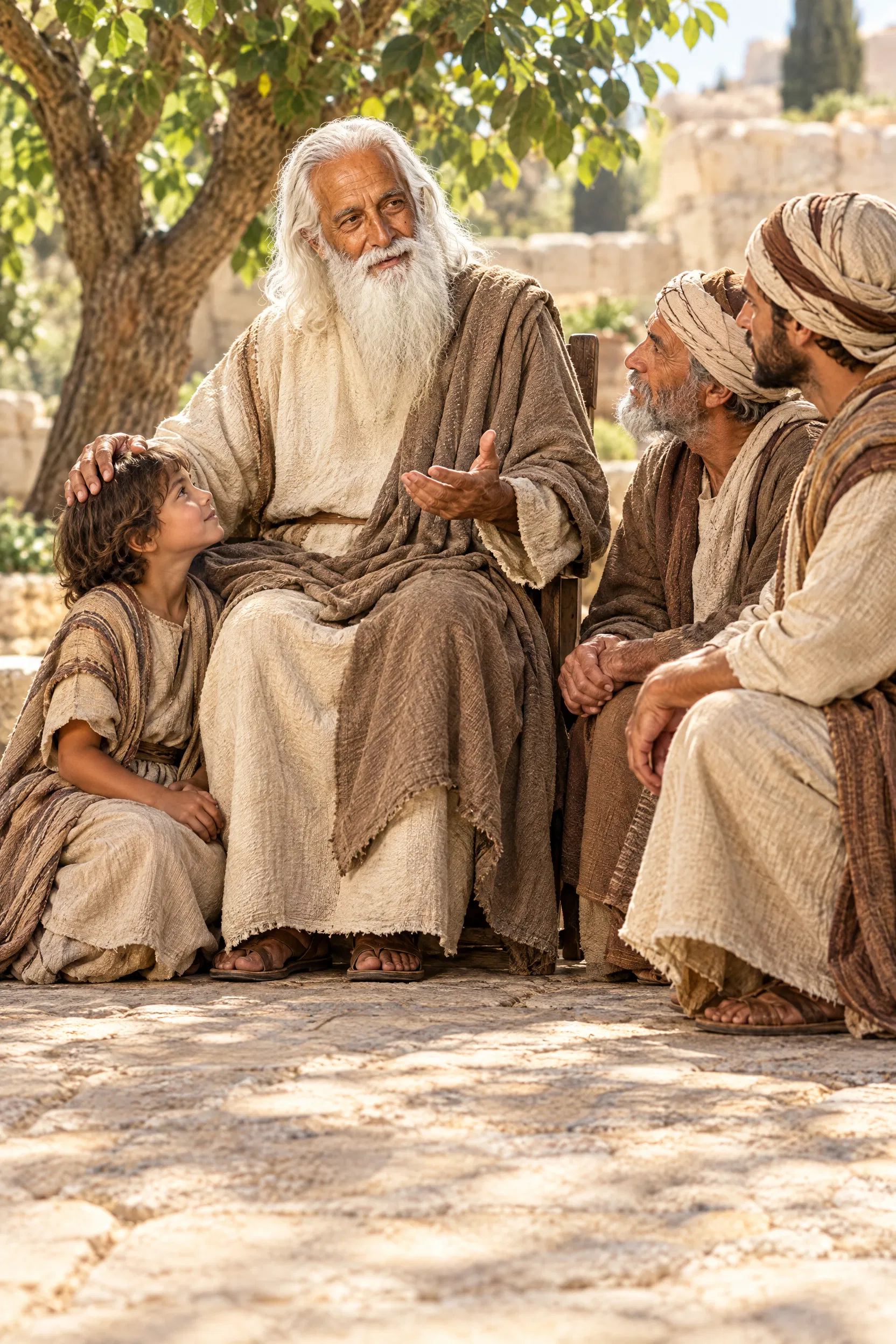 The Aged John Blesses a Child in a Courtyard