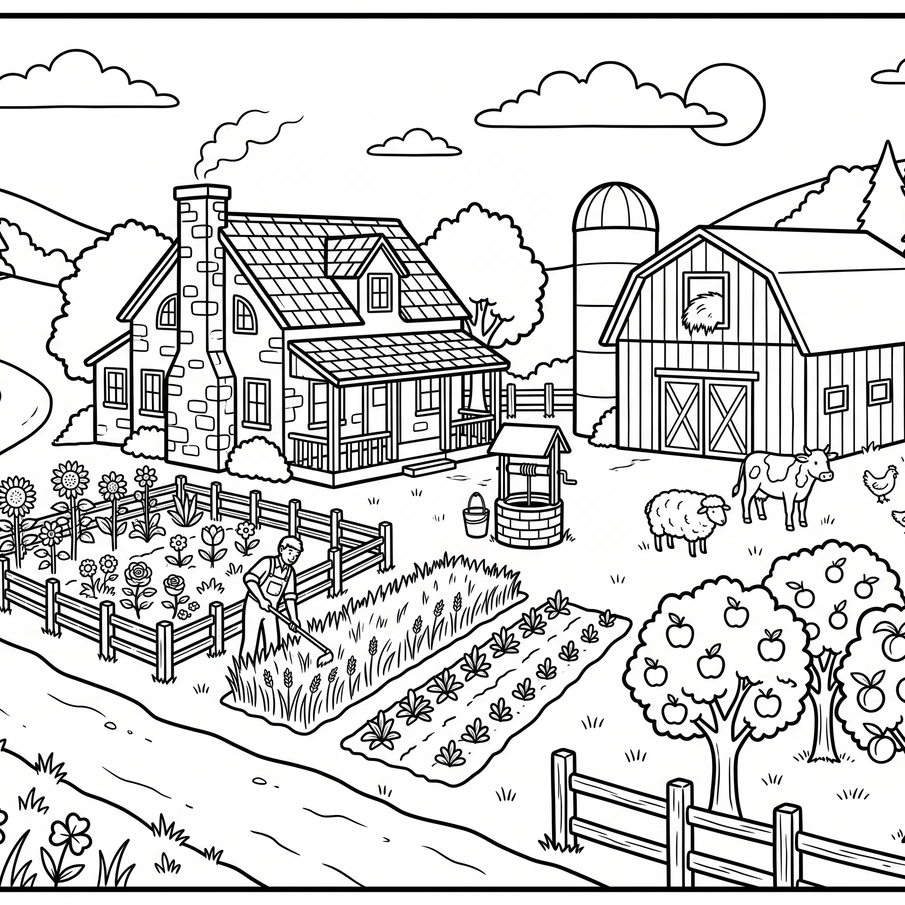 Farmhouse, Barn and Gardens Coloring Page