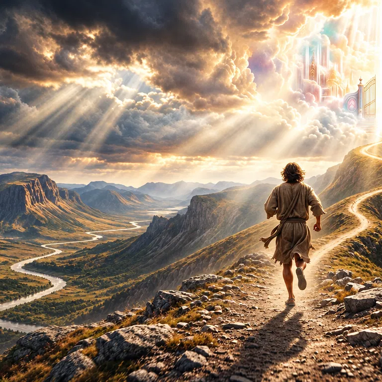 A Runner Climbs a Mountain Path Toward the Heavenly City