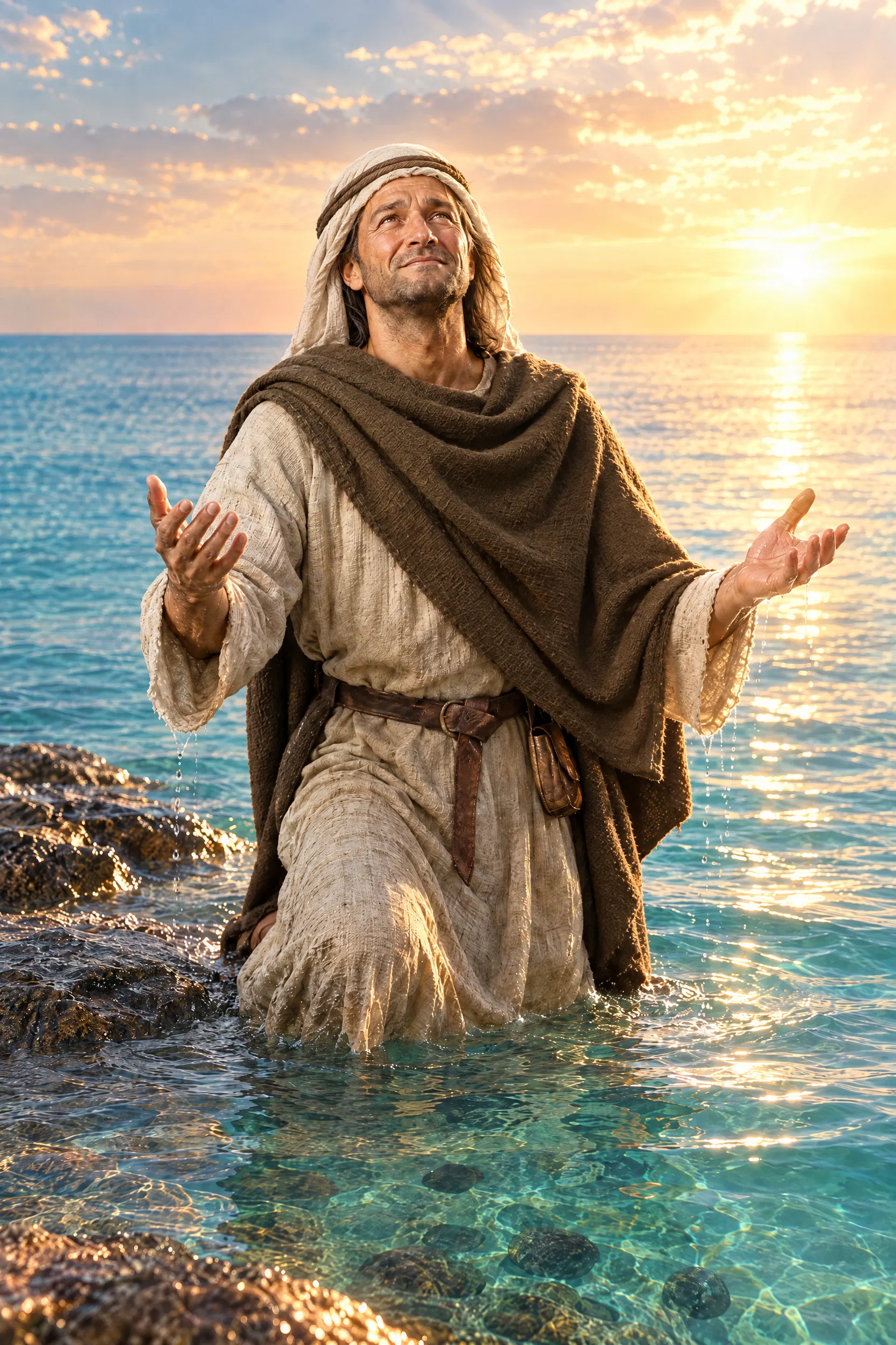 Micah Stands in the Sea at Sunrise