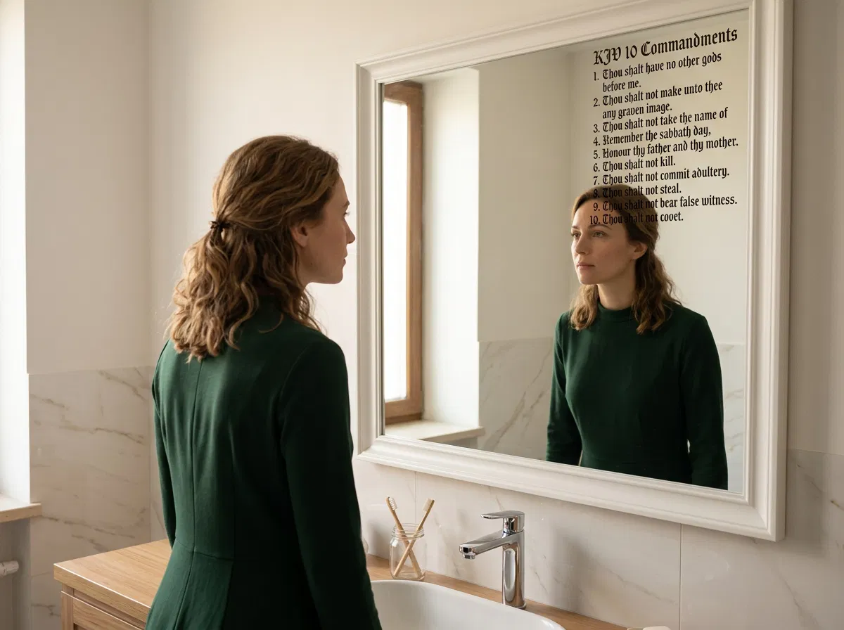 Woman Looking in a Mirror at the Ten Commandments
