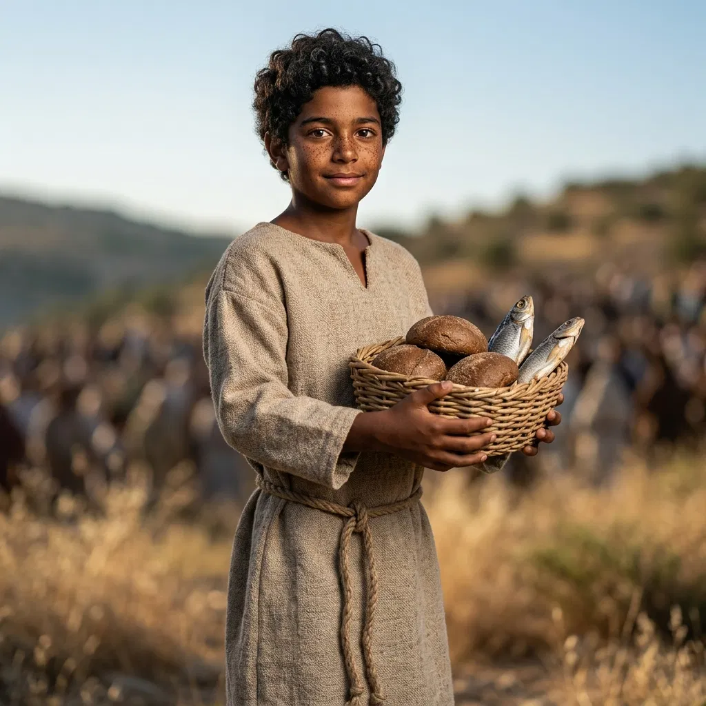 Boy Holding Loaves and Fish in a Basket