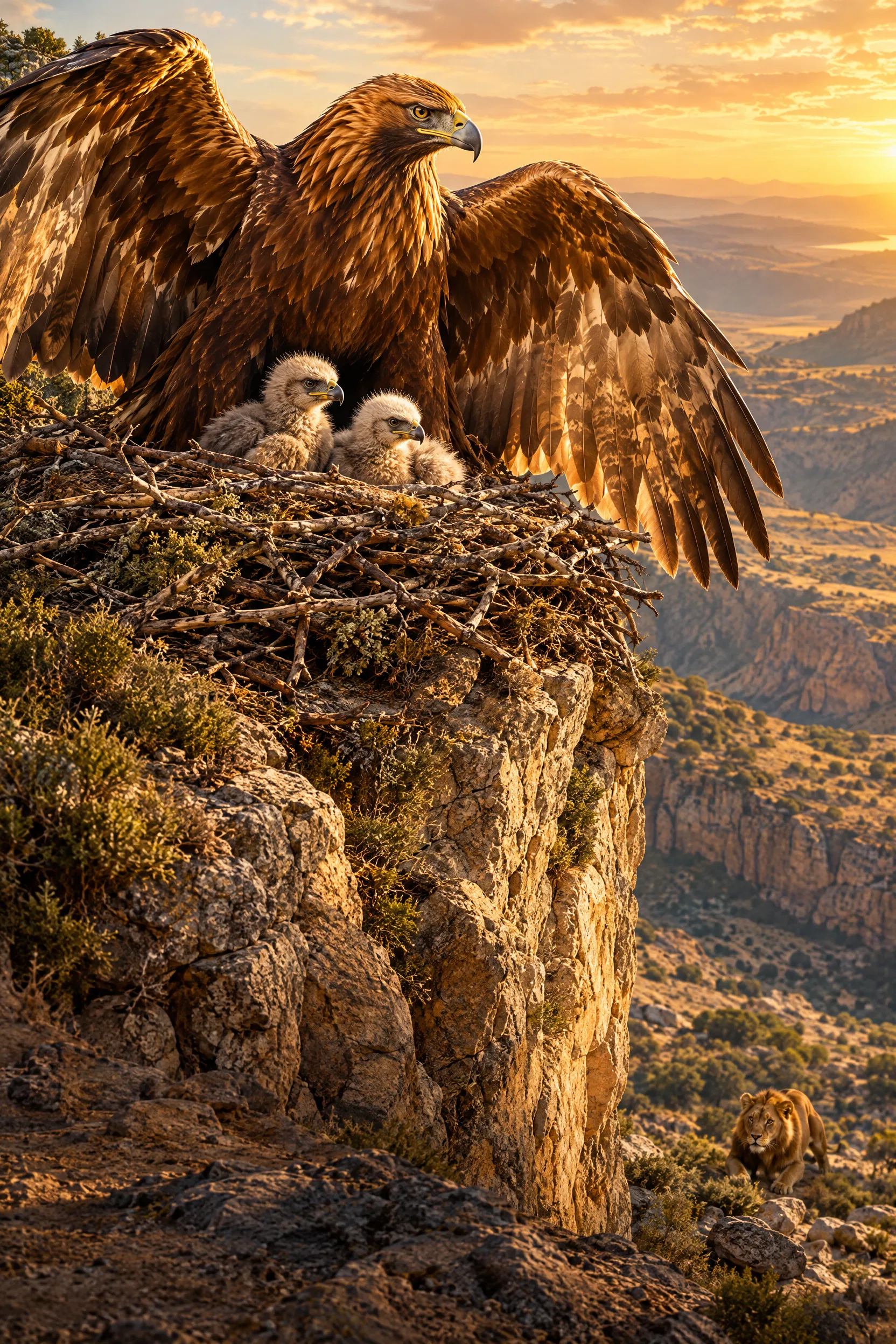 Eagle Shelters Her Eaglets from a Lion Below
