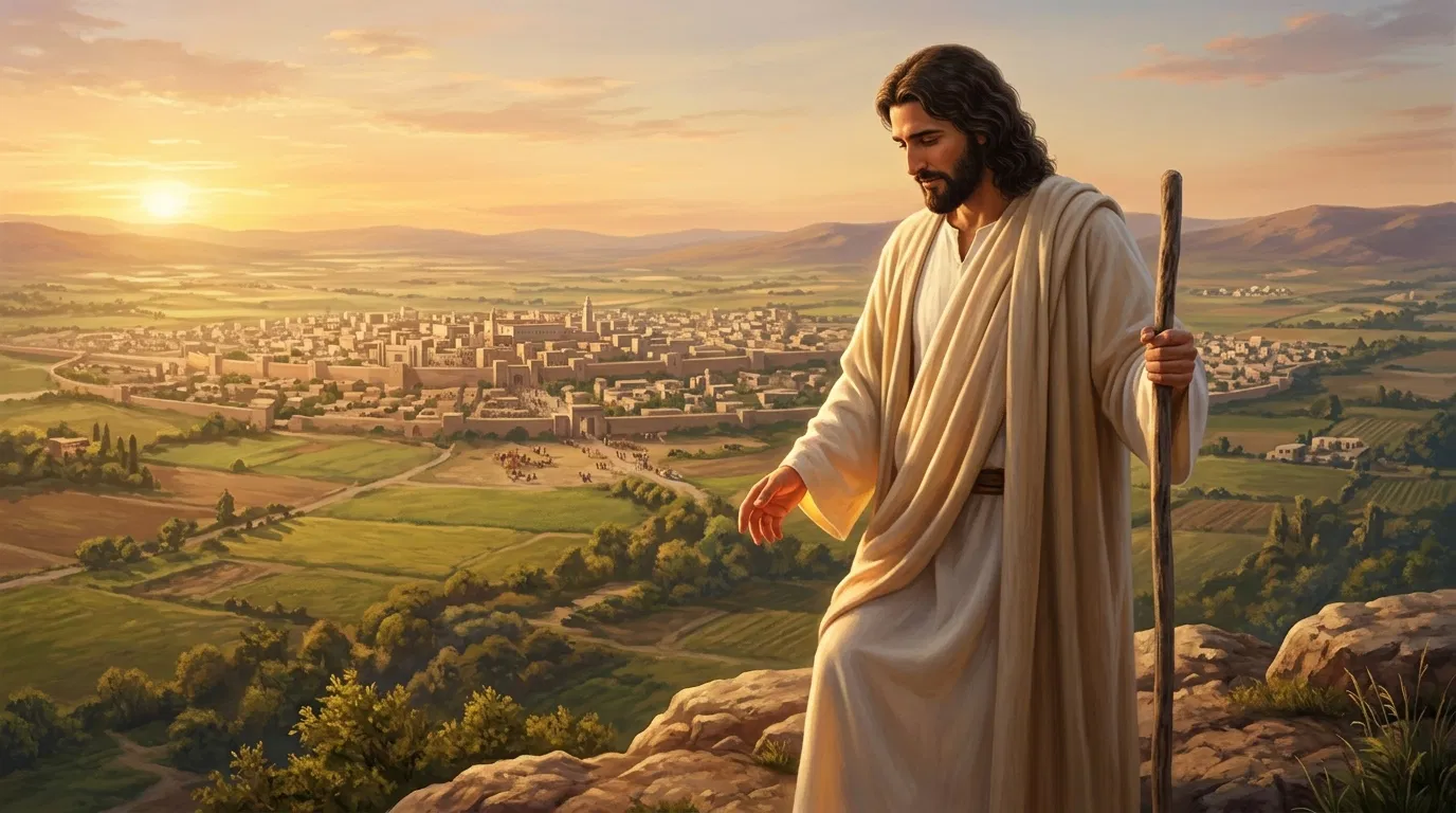 Christ Looking Over a City From a Hillside