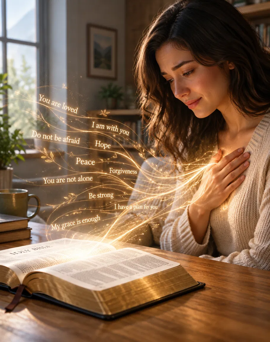 Woman Holds Her Heart Over an Open Bible