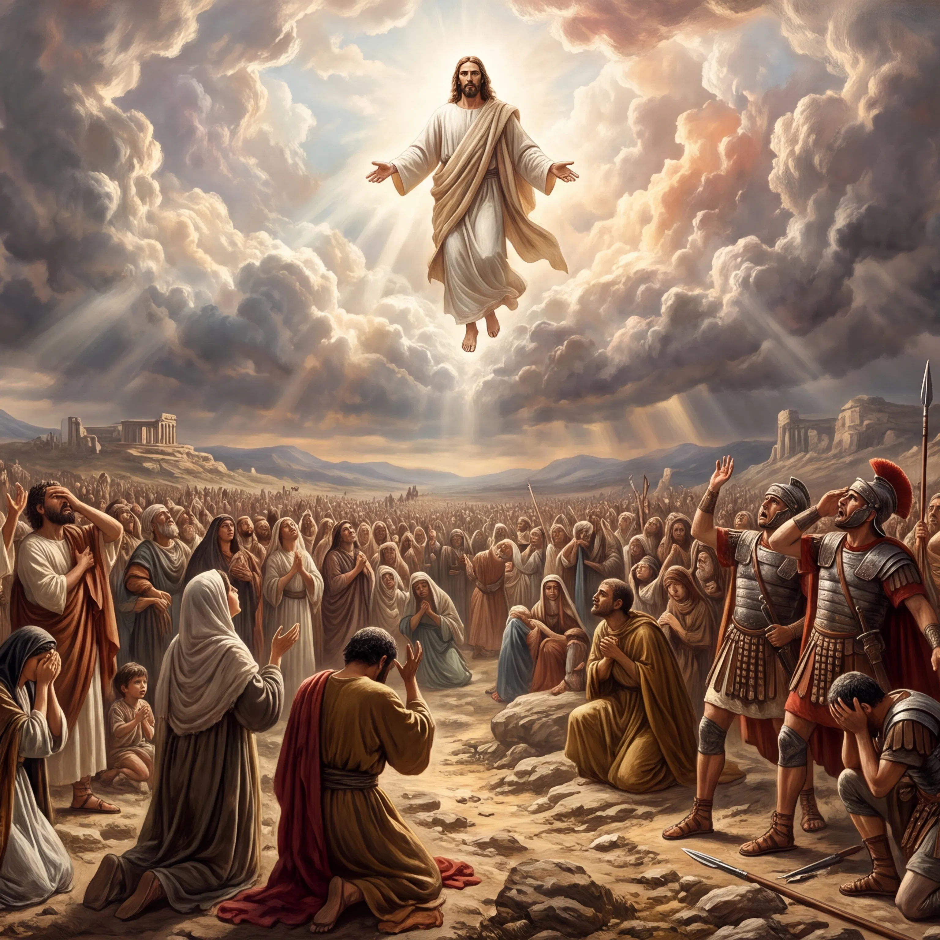 Christ Appears in the Clouds Above a Mourning Crowd