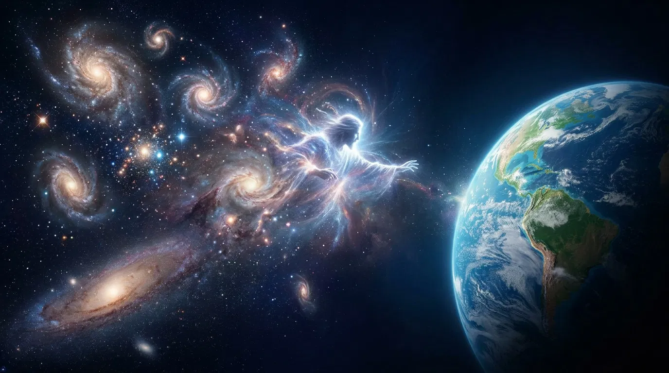 The Creator Reaching Toward Earth Among the Galaxies