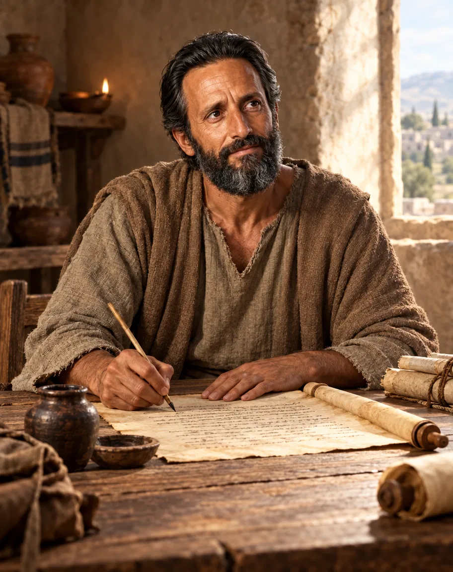 Paul Writing at a Table With Scrolls