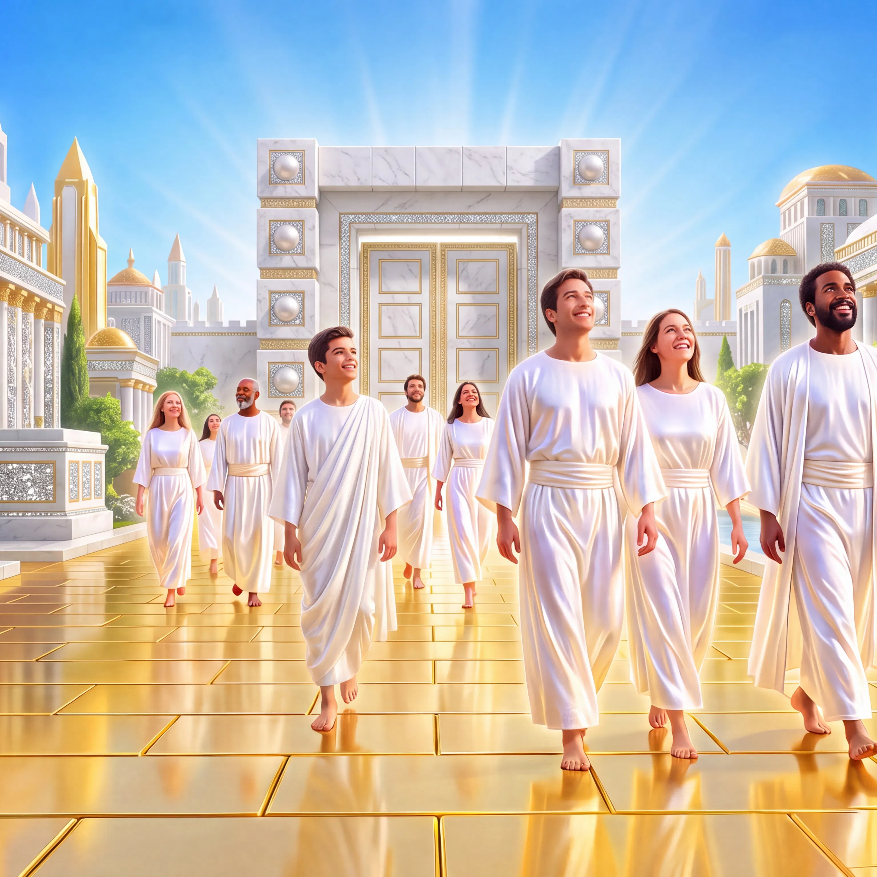 Redeemed People Walk the Golden Street in White Robes