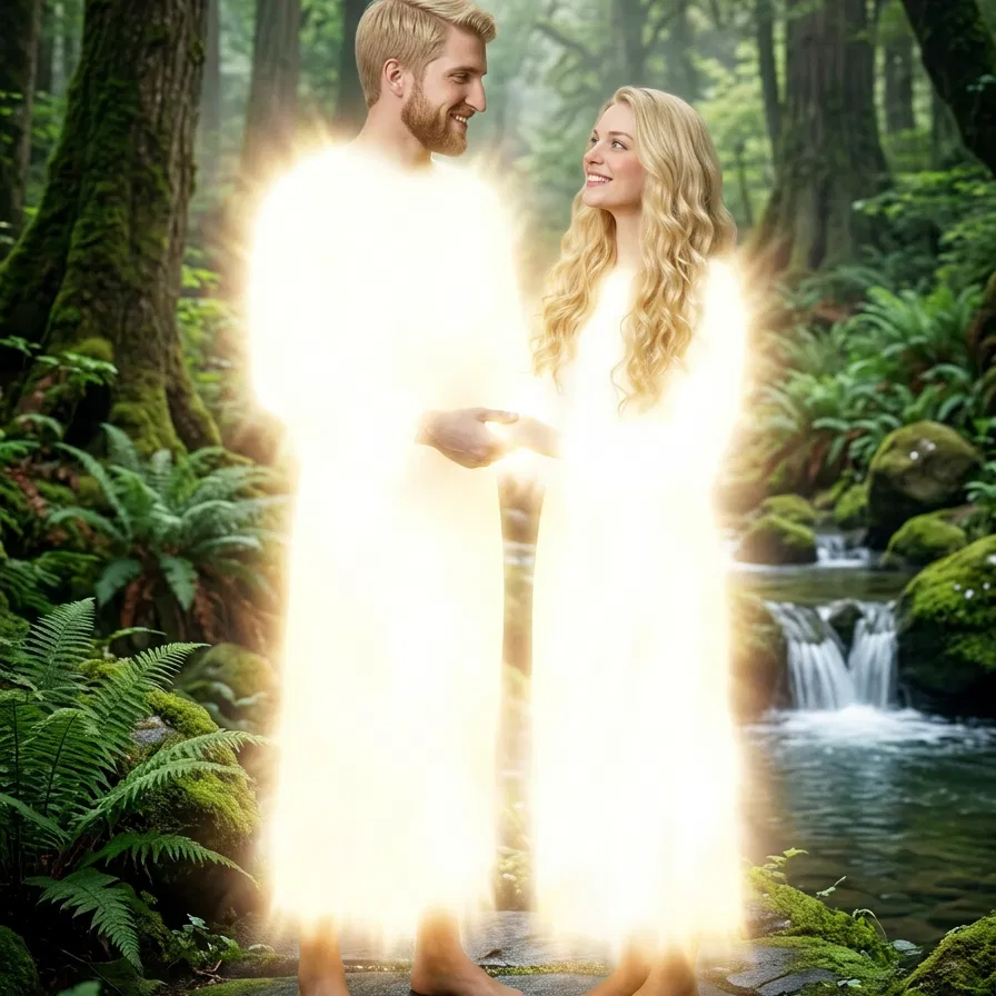 Adam and Eve Standing Together in a Forest