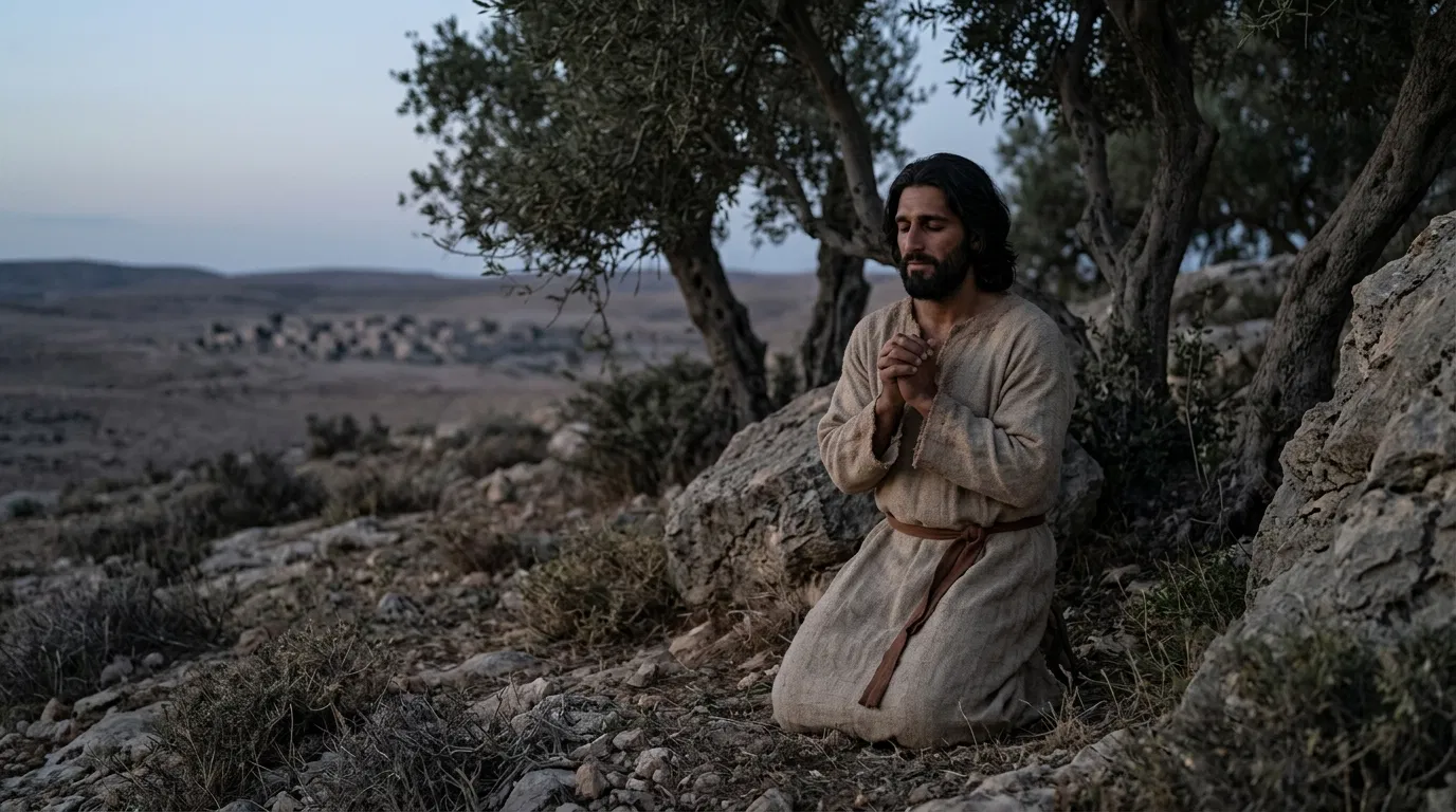 Jesus Kneels Alone in Prayer on a Hillside